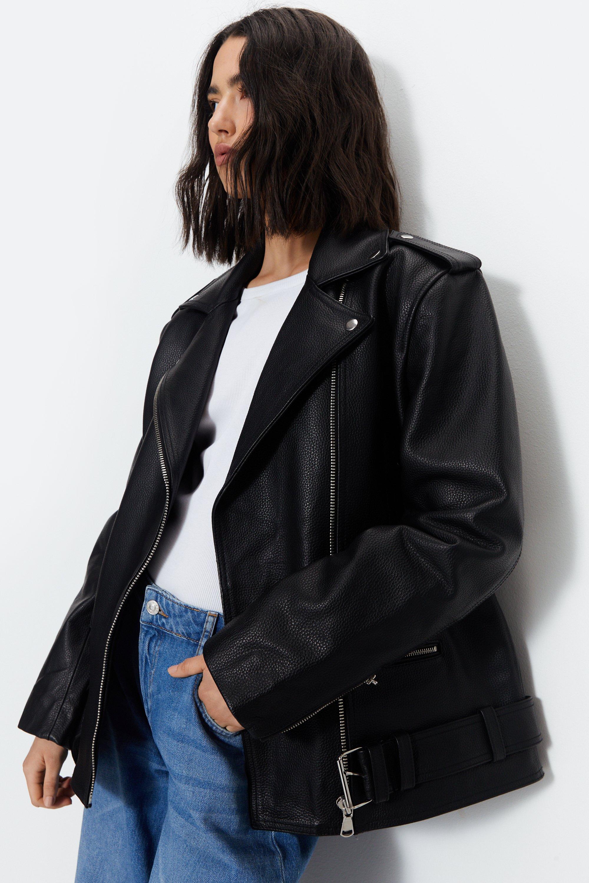 Womens Real Leather Belted Biker Jacket - black