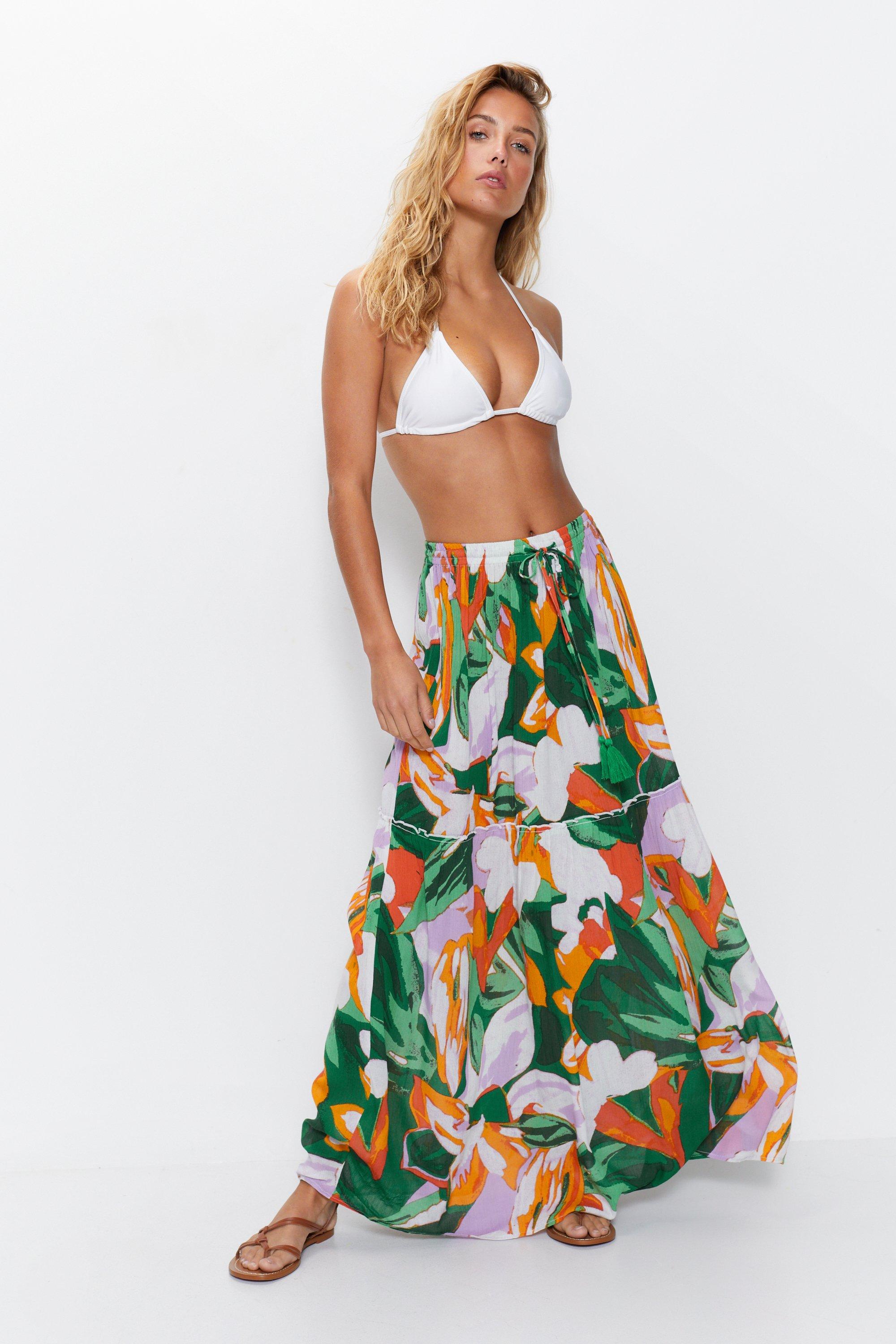 Womens Tropical Tiered Maxi Beach Skirt - green