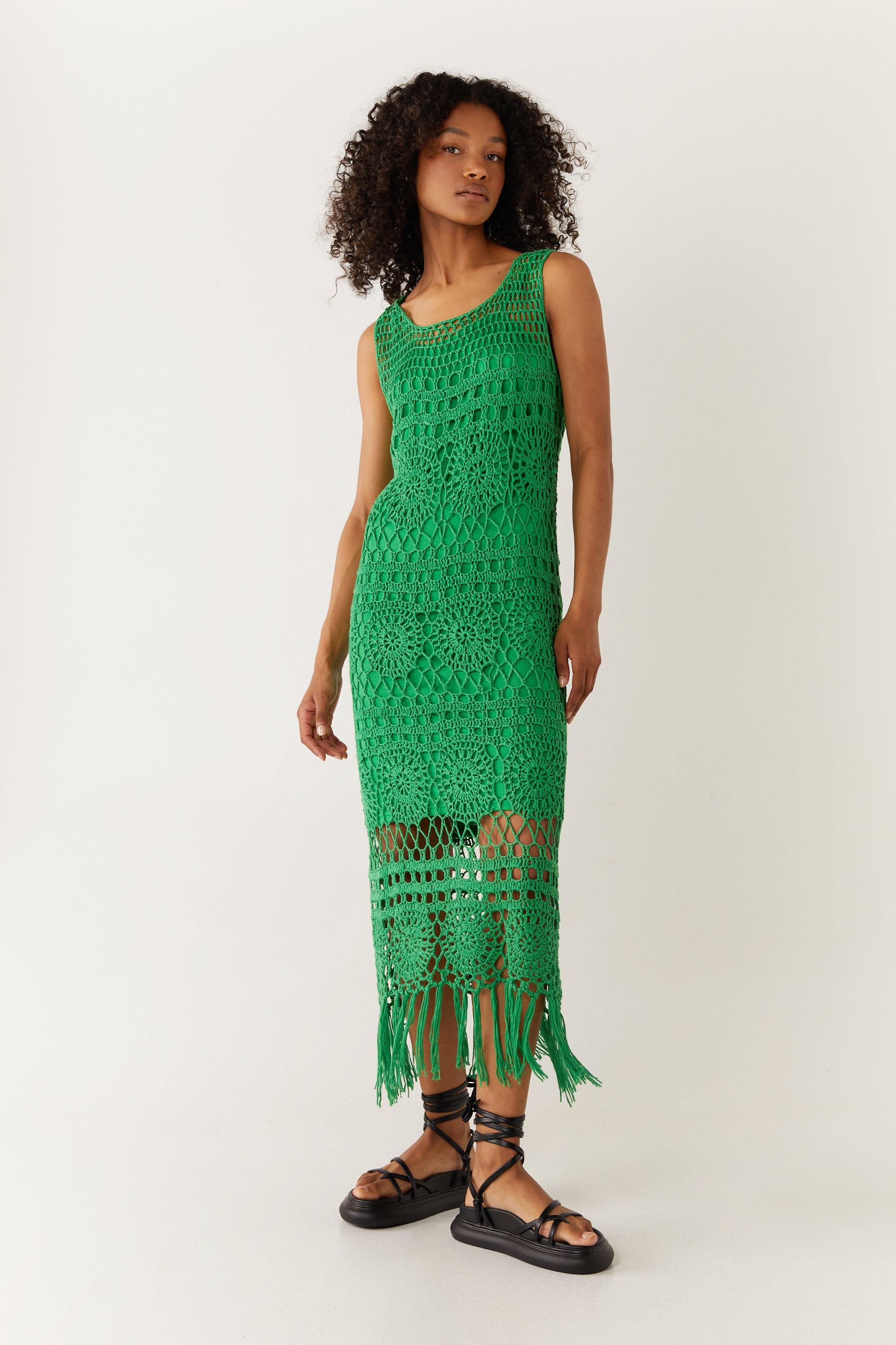 Womens Tassel Hem Crochet Knit Midi Dress - green