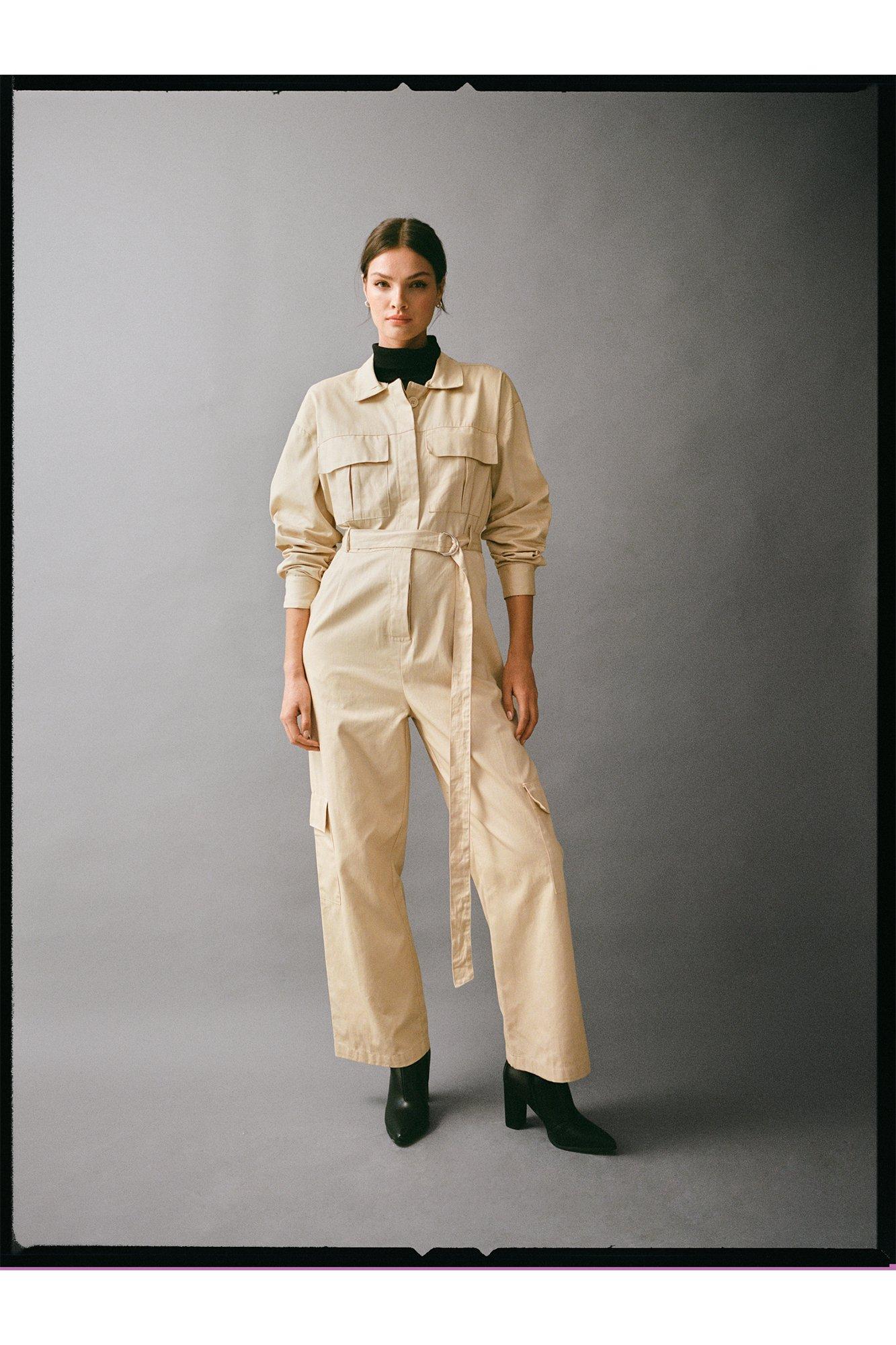 Womens Utility Belted Jumpsuit - beige