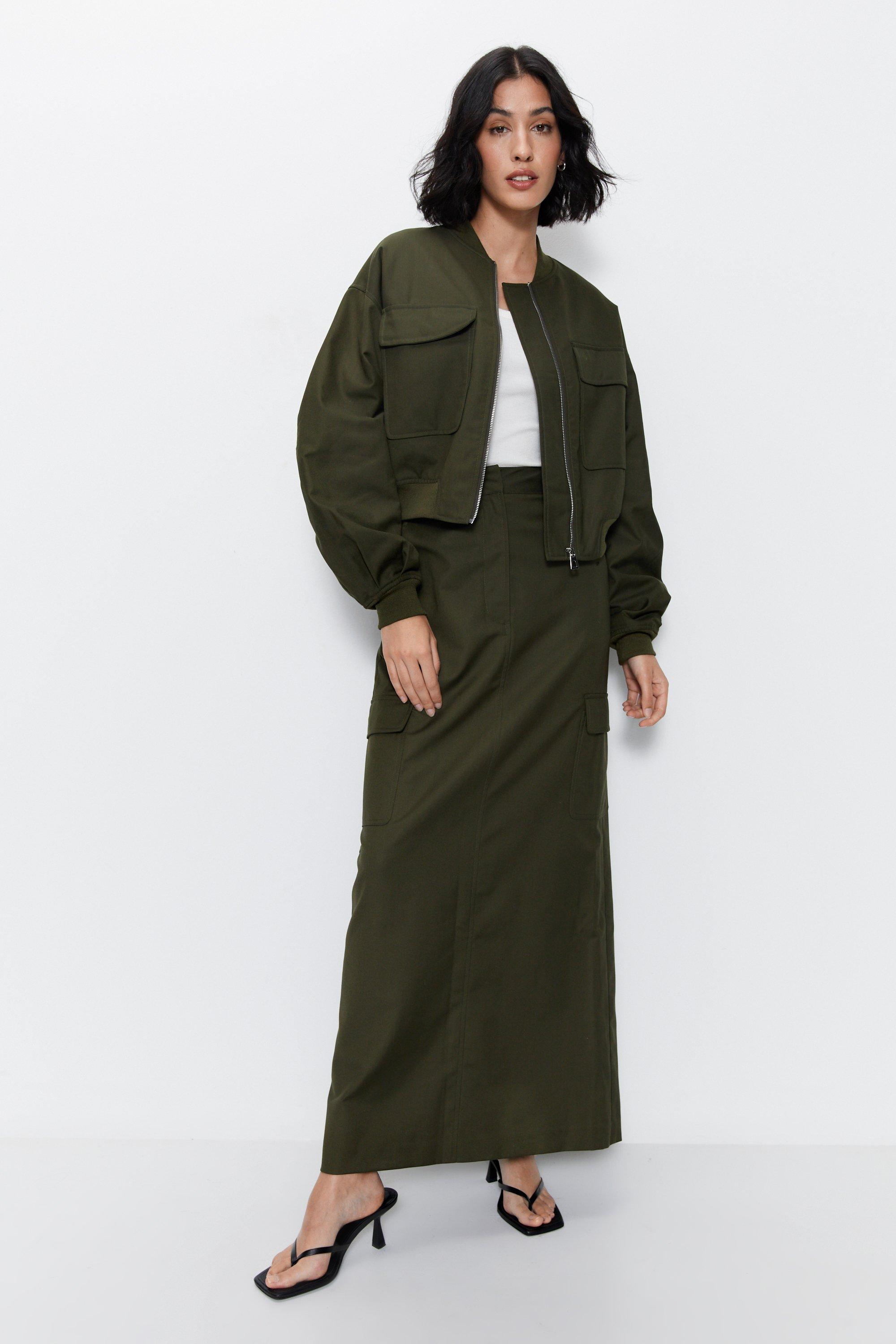 Womens Tailored Cargo Maxi Skirt - khaki