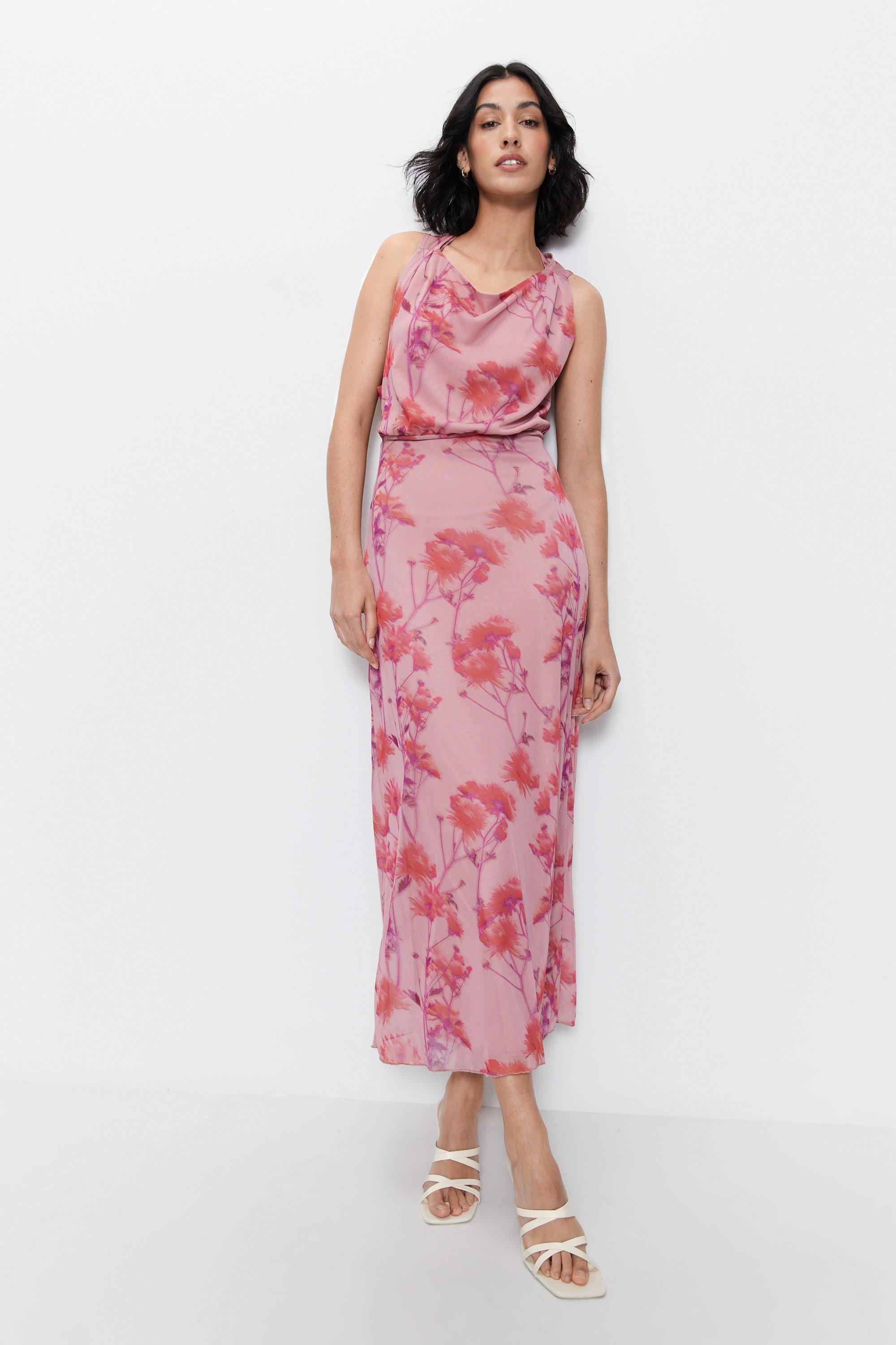 Womens Open Back Abstract Floral Midi Dress - pink