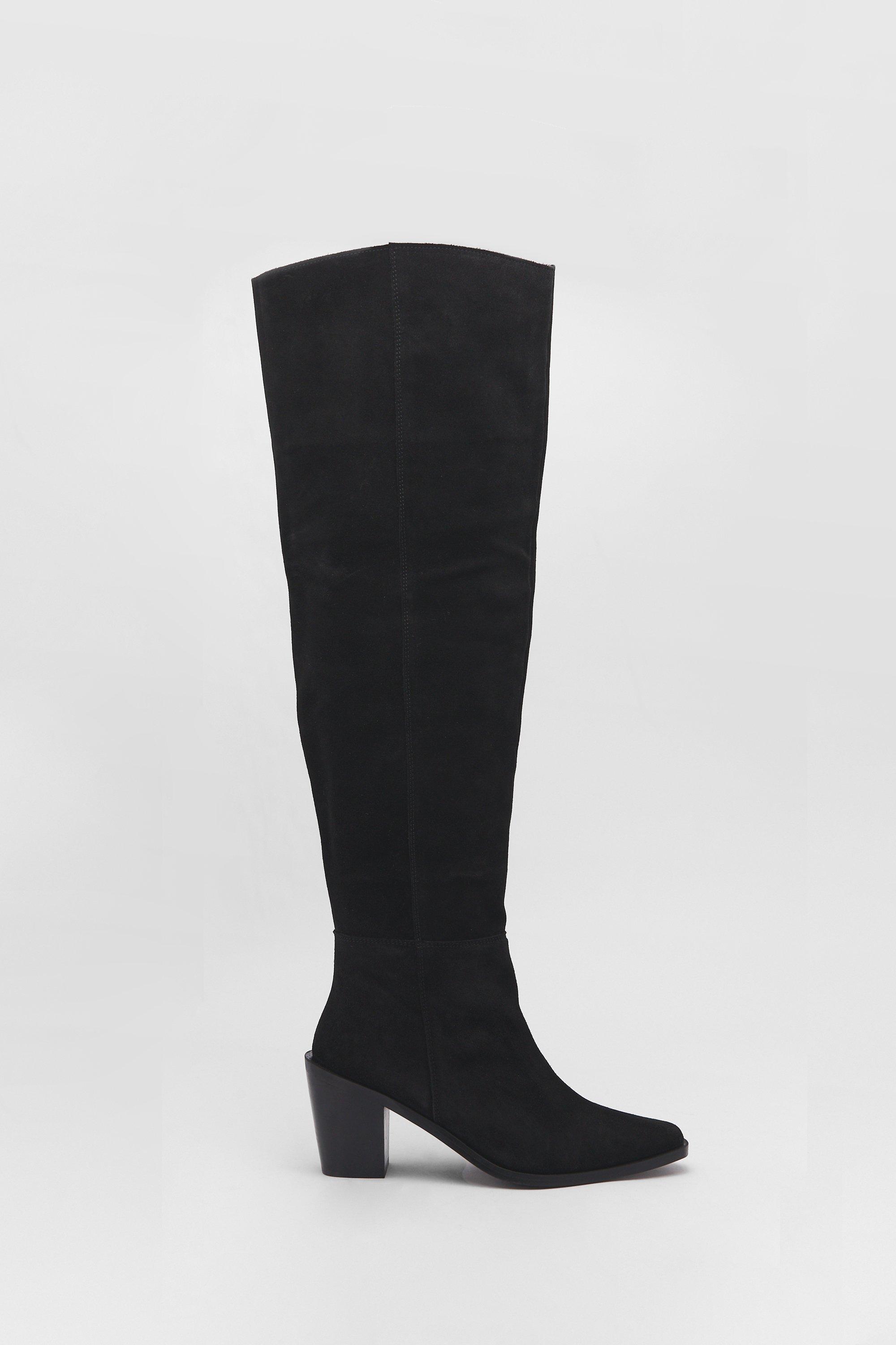 Womens Real Suede Slouchy Knee High Boots - black