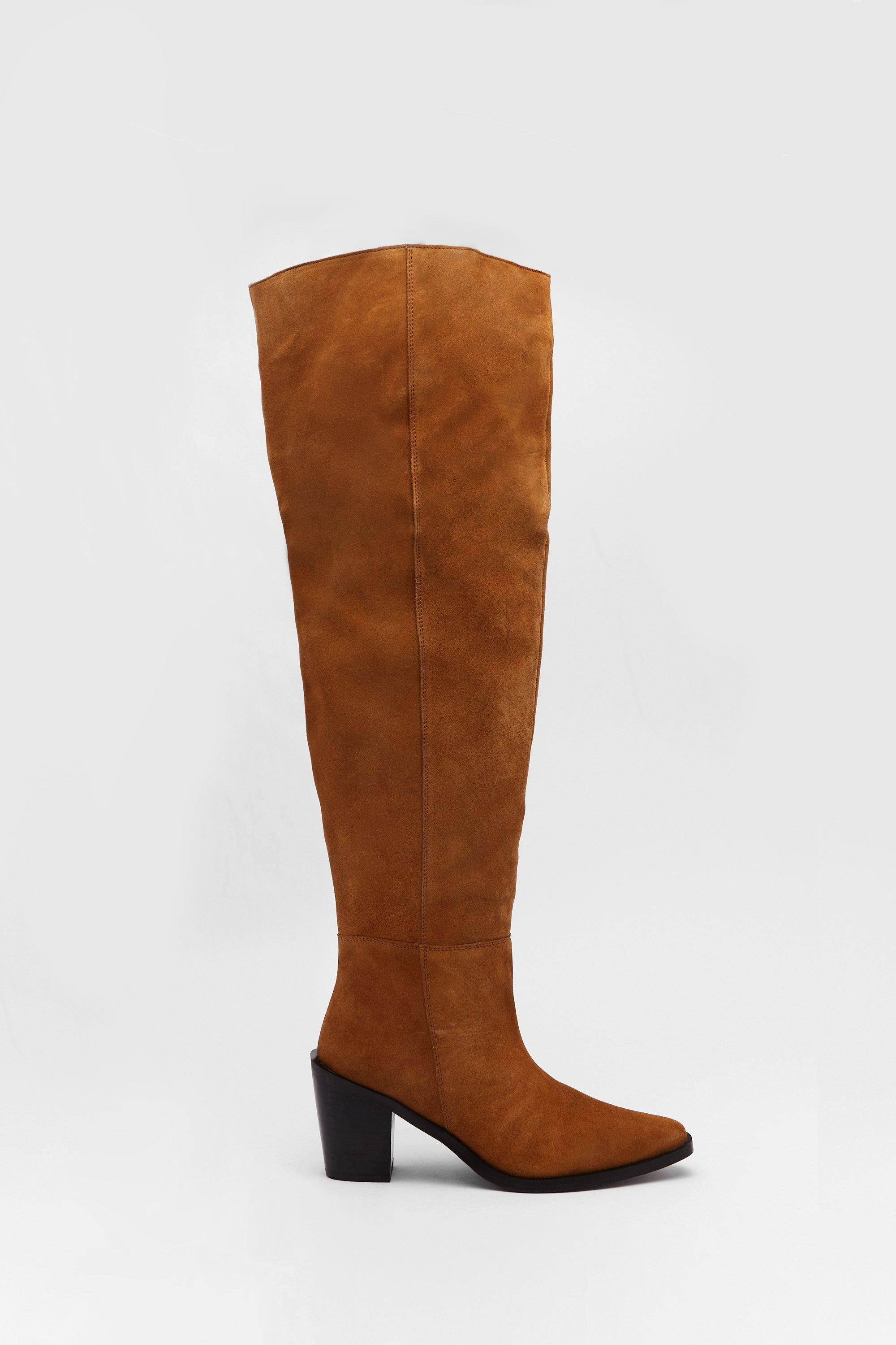 Womens Real Suede Slouchy Knee High Boots - tan