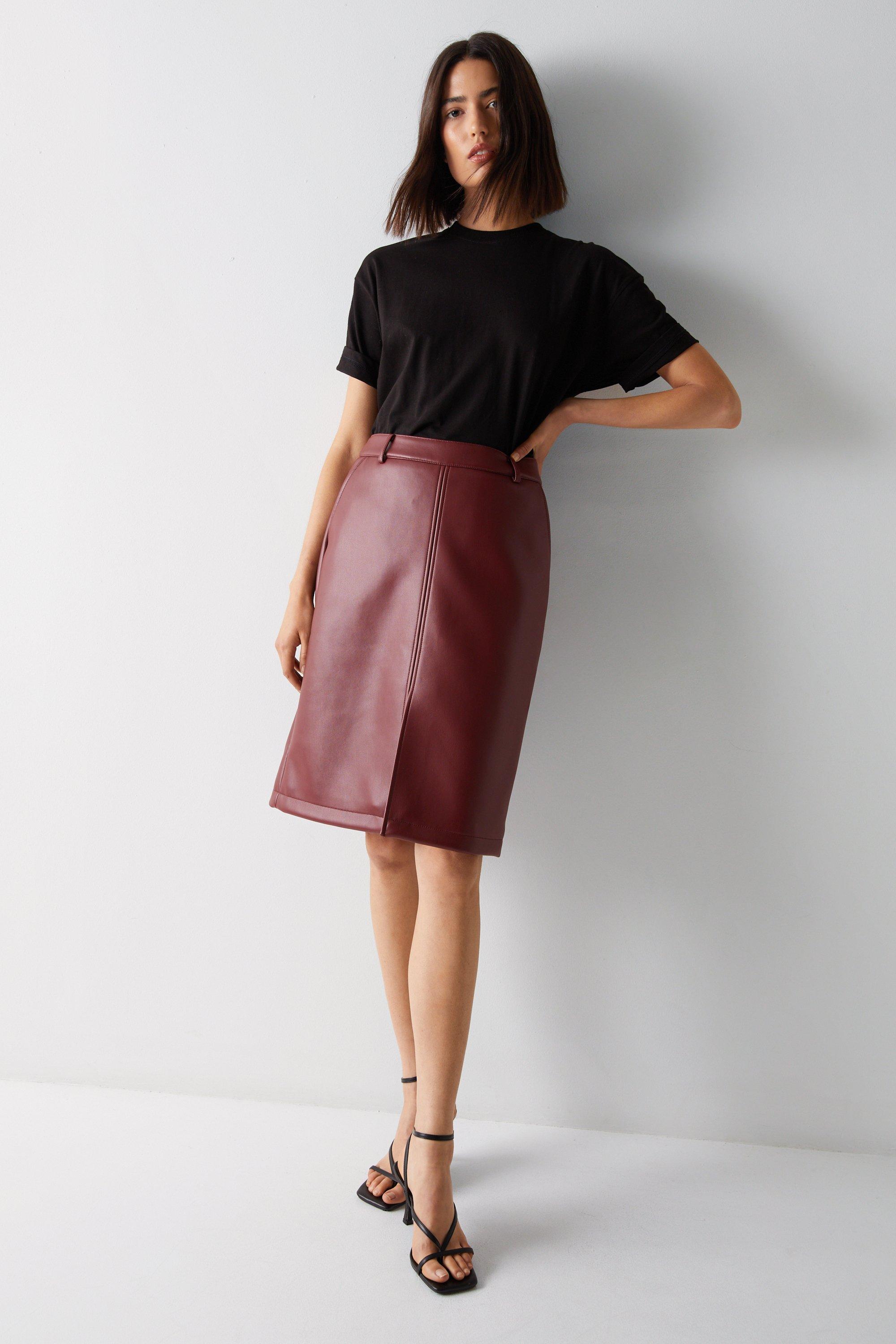 Womens Stitch Detail Faux Leather Pencil Skirt - oxblood
