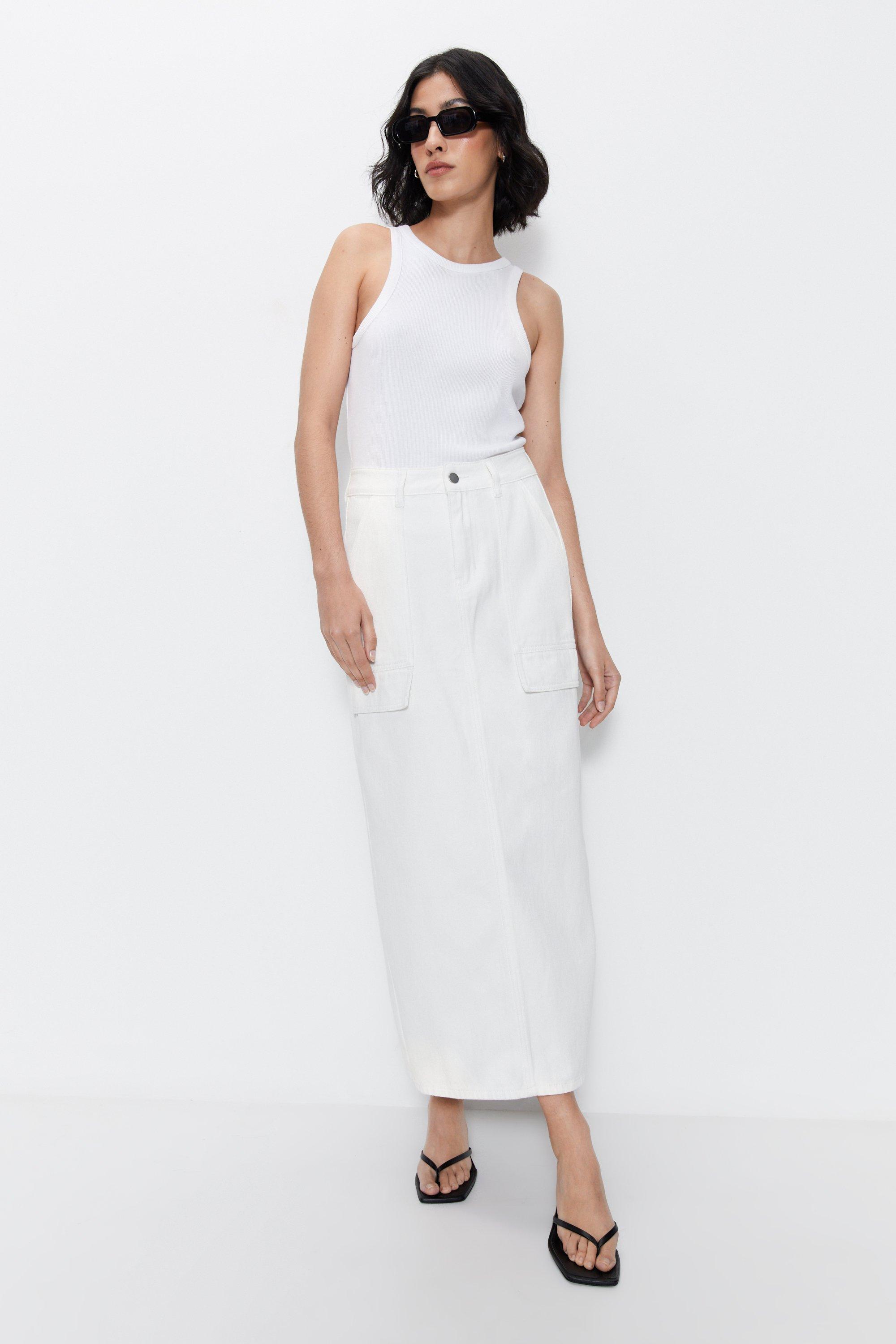 Womens Denim Cargo Midi Skirt - white