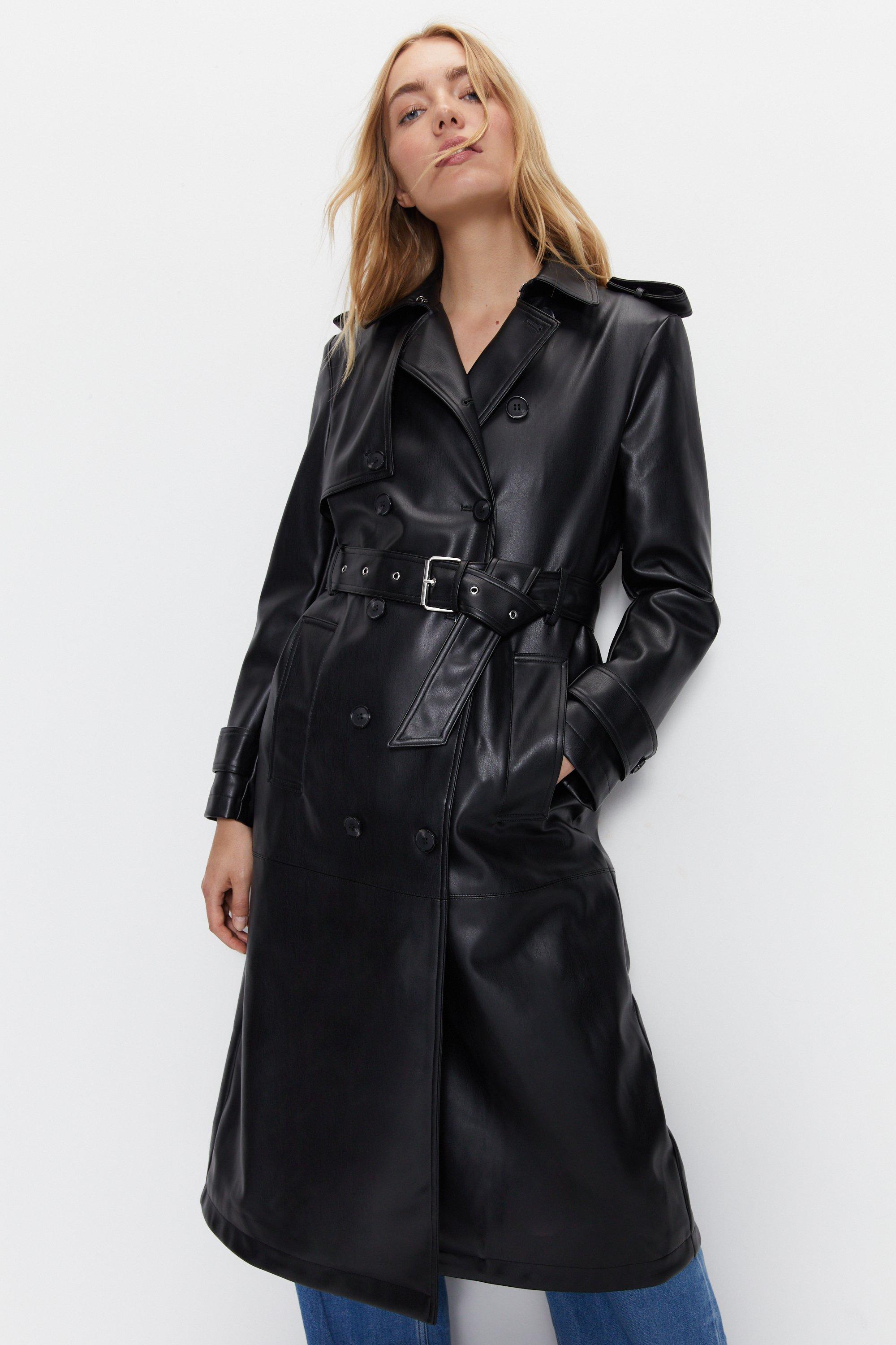 Womens Premium Classic Faux Leather Trench Coat - black