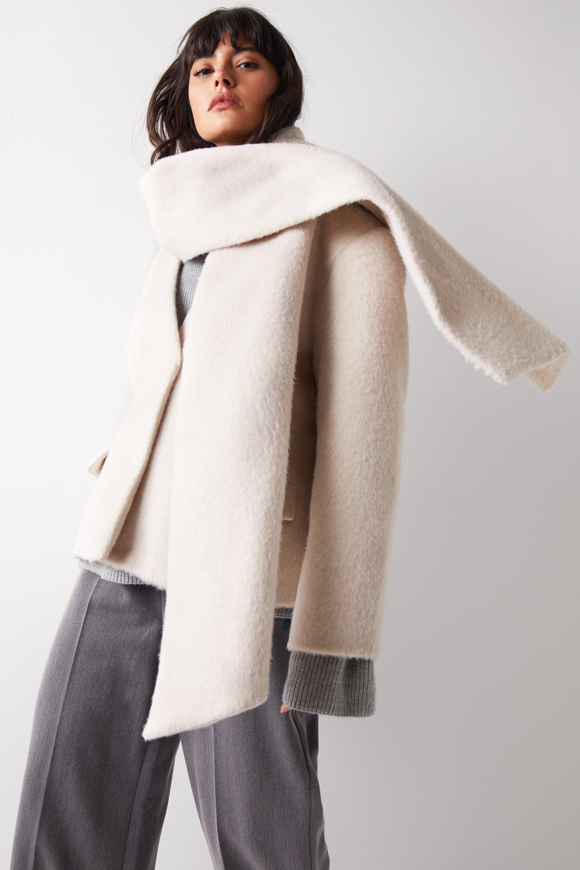 Womens Premium Brushed Wool Blend Scarf Coat - neutral