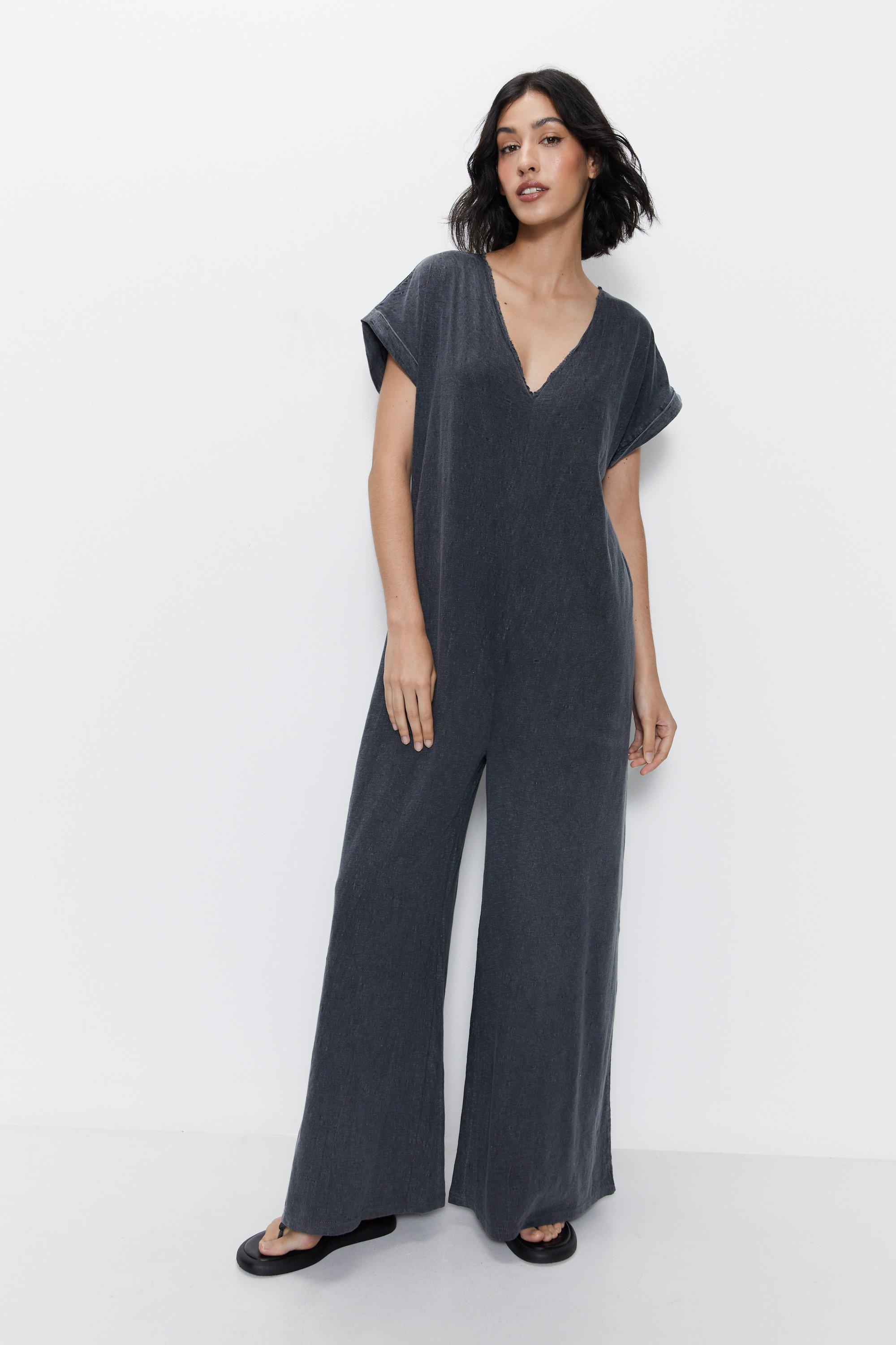 Womens Relaxed V Neck Jumpsuit - washed black
