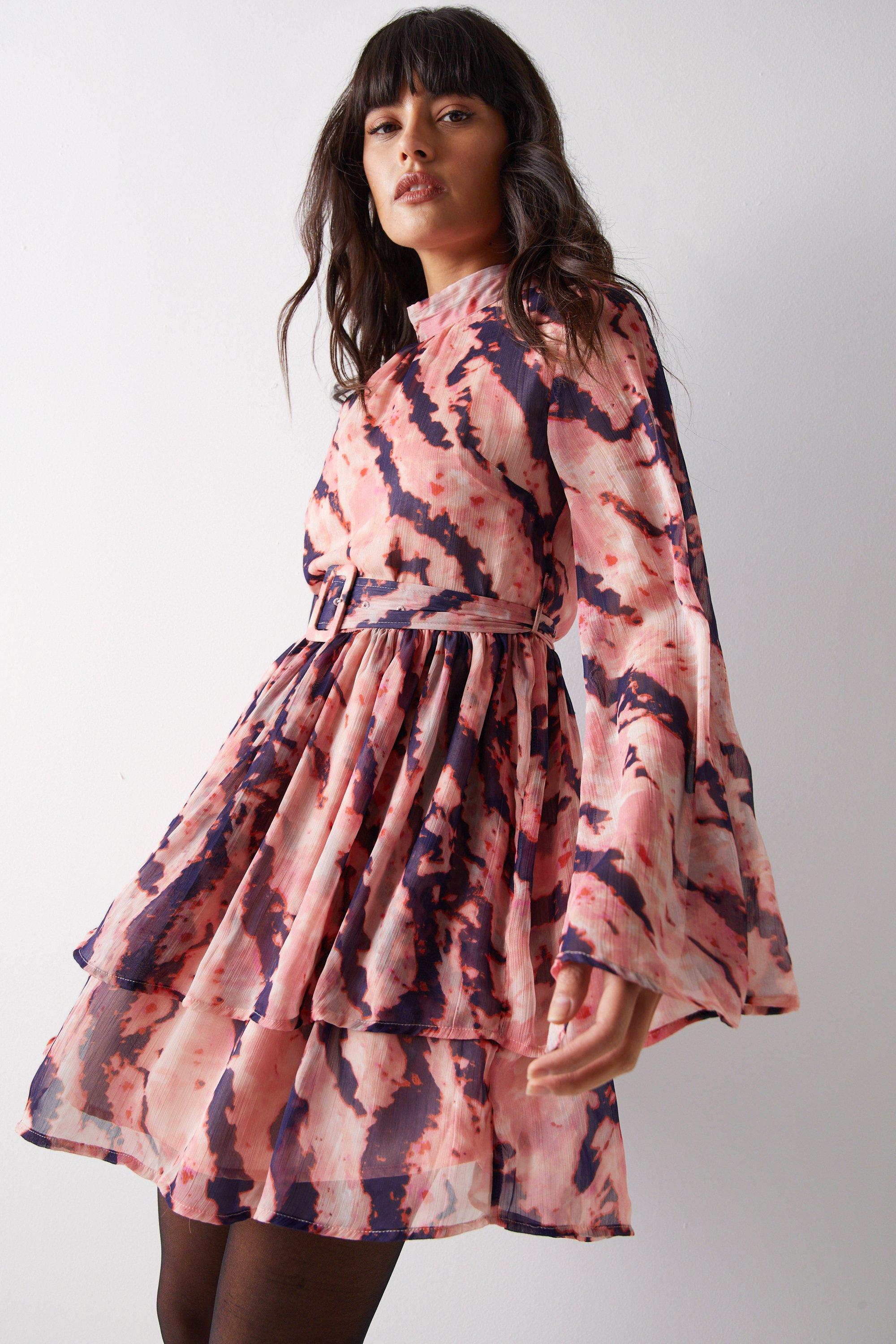 Womens Abstract Print Flared Sleeve Chiffon Mini Dress - pink