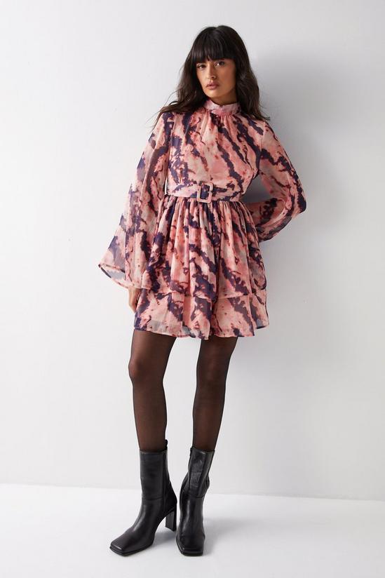 Warehouse Abstract Print Flared Sleeve Chiffon Mini Dress 2