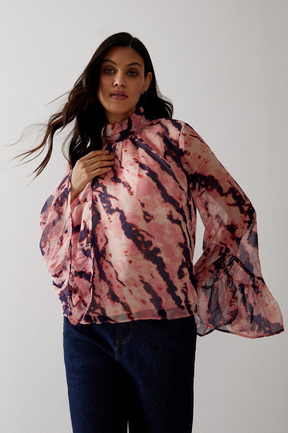 Womens Abstract Print Flared Sleeve Top - pink