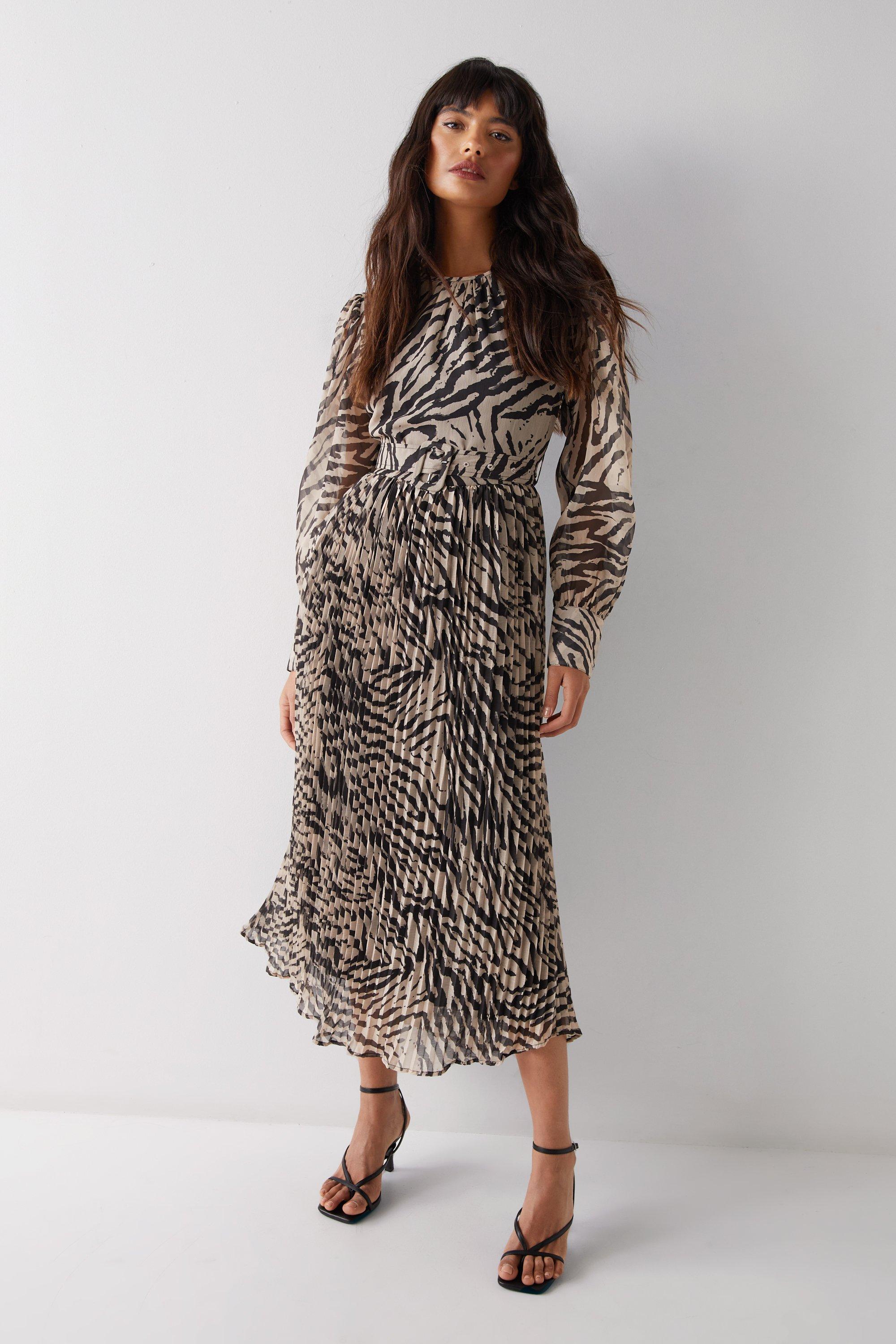 Womens Animal Pleated Midi Dress - zebra