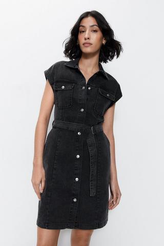Product Belted Denim Short Sleeve Shirt Dress black