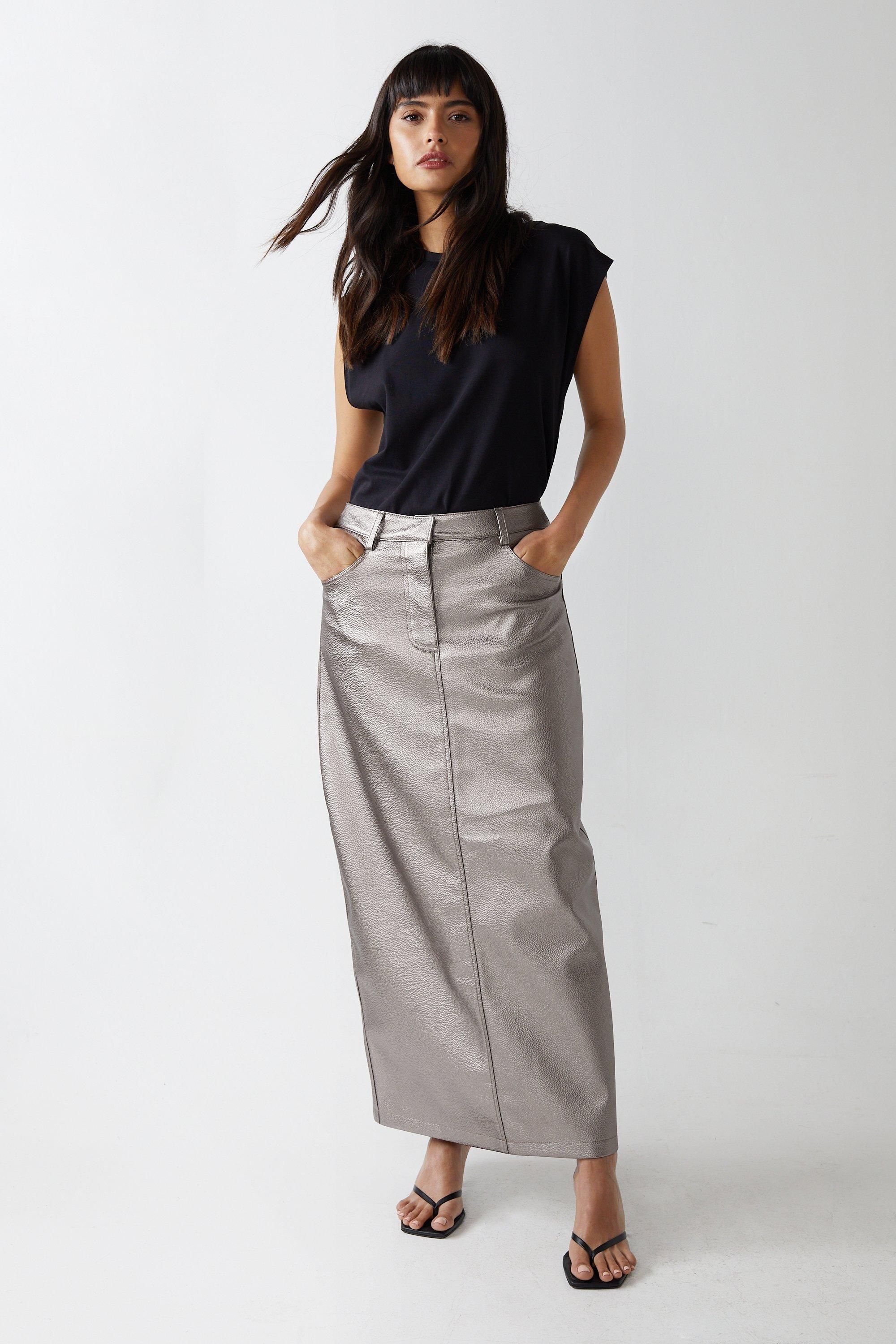 Womens Premium Faux Leather Metallic Maxi Skirt - charcoal