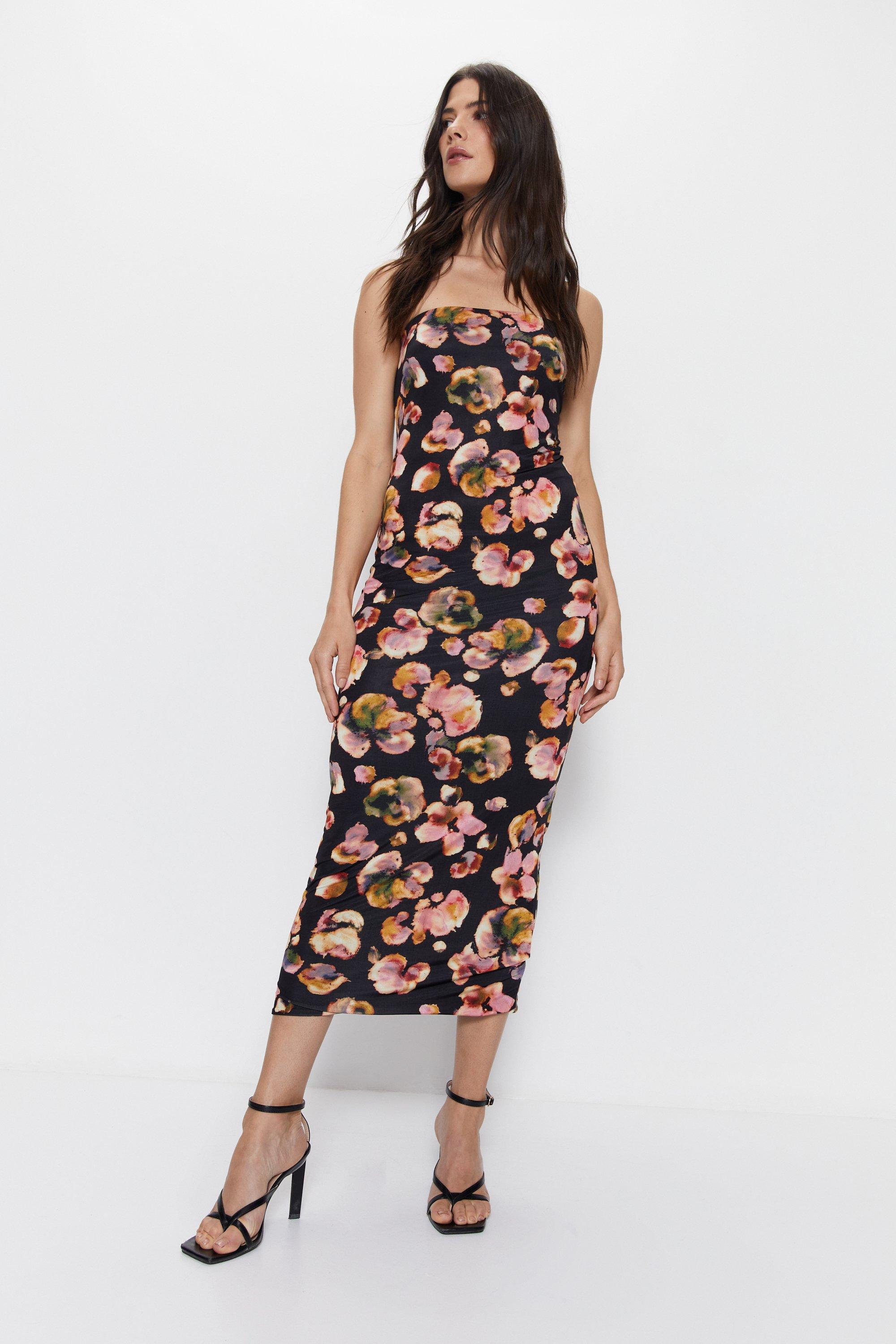Womens Blurred Floral Bandeau Maxi Dress
