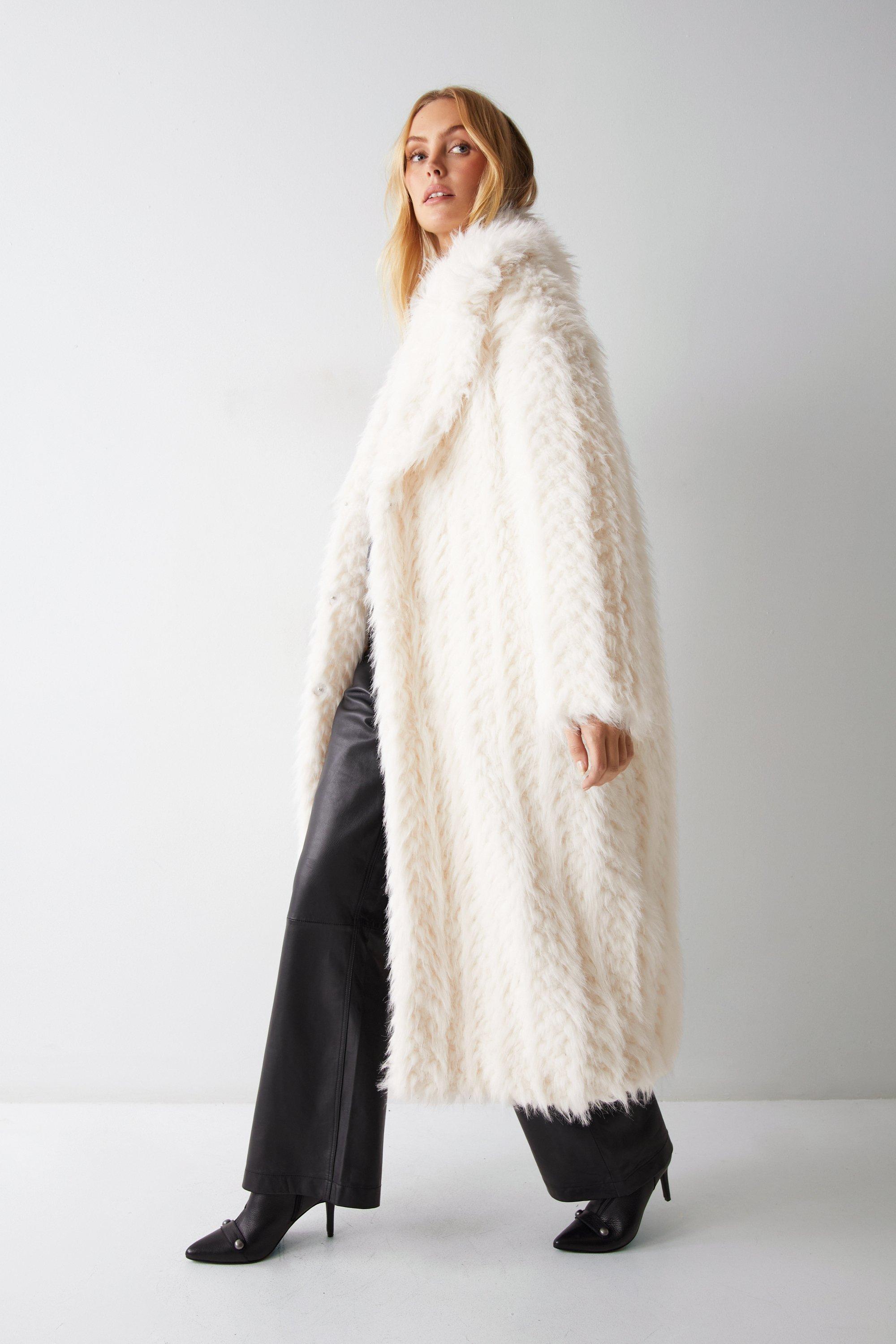 Womens Premium Textured Fur Oversized Coat - ivory