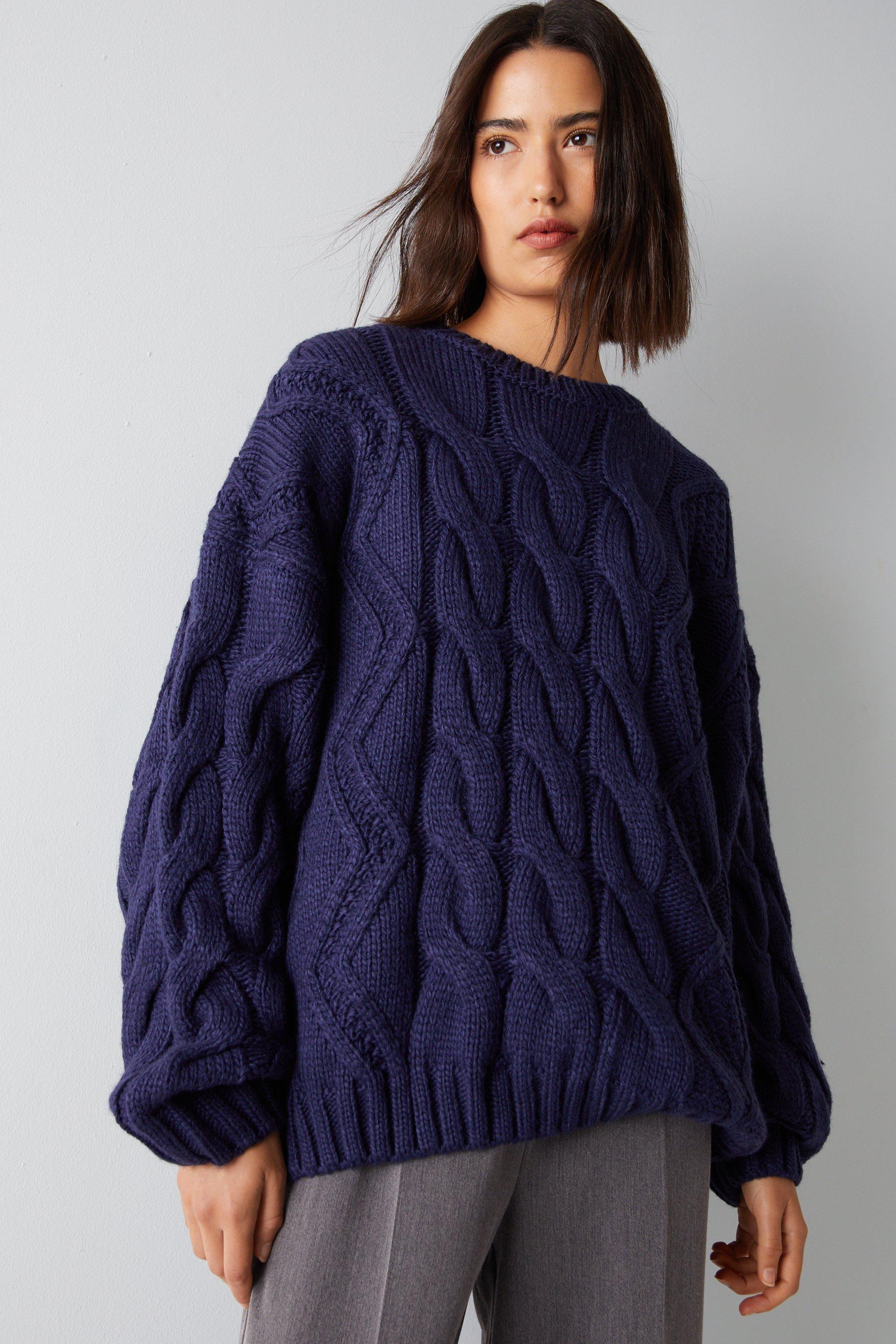 Womens Cable Knit Oversized Jumper - navy