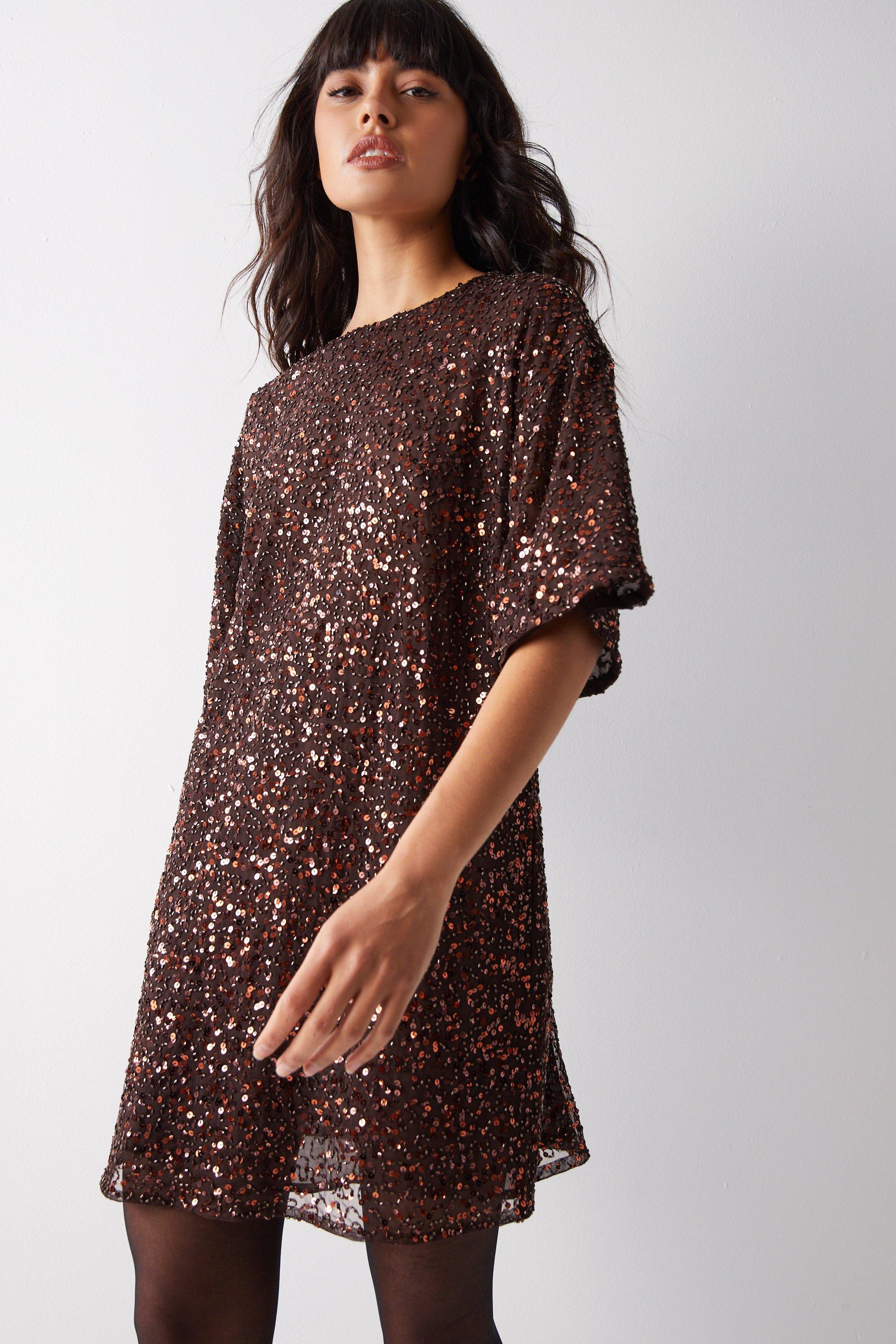 Womens Cluster Embellished Slouch Tee Shirt Dress - chocolate