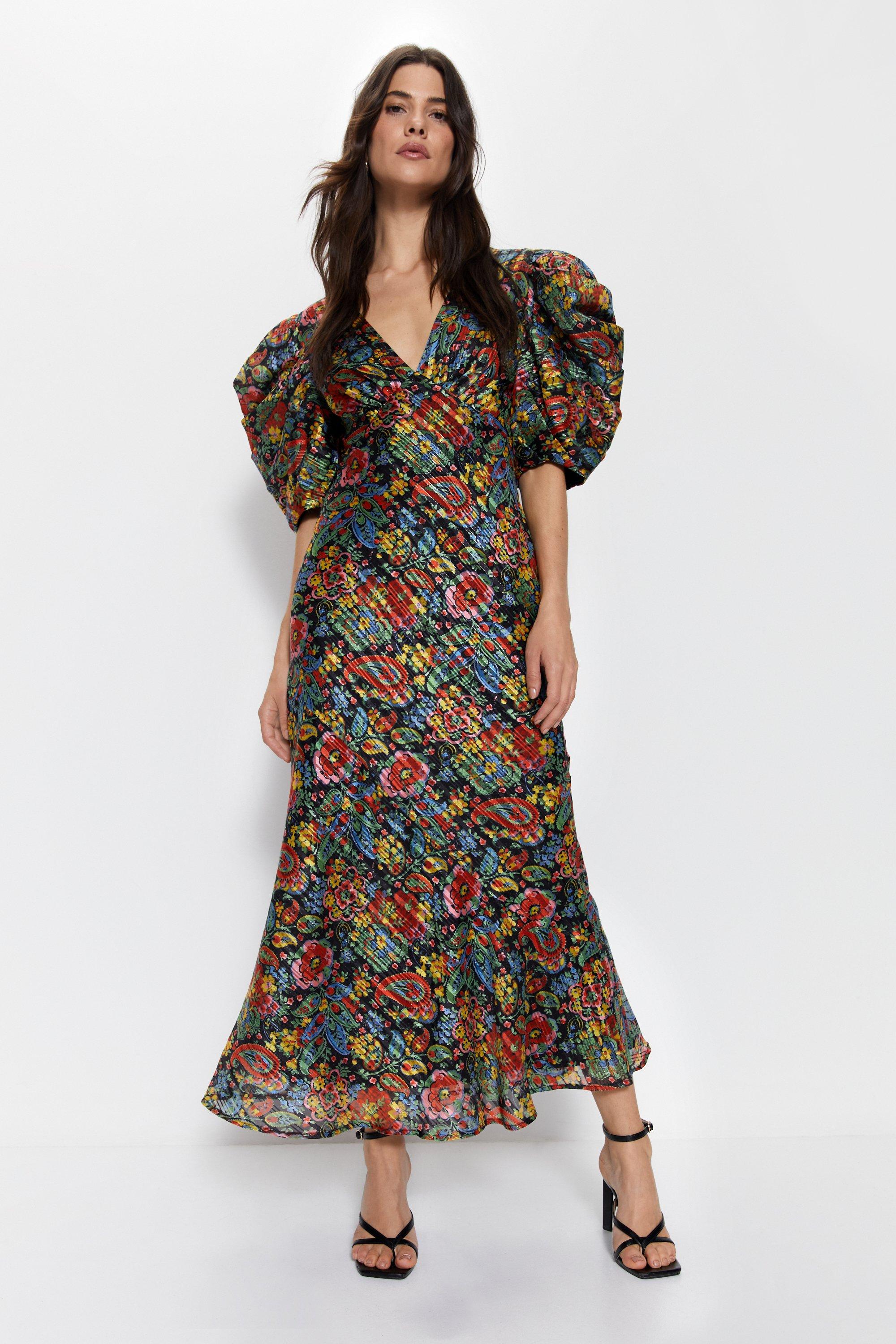Womens Floral Paisley Print Puff Sleeve V Neck Dress