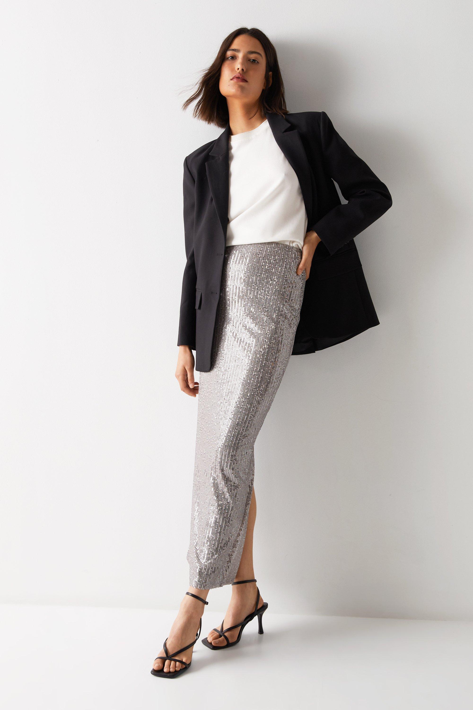 Womens Sequin Maxi Skirt - silver