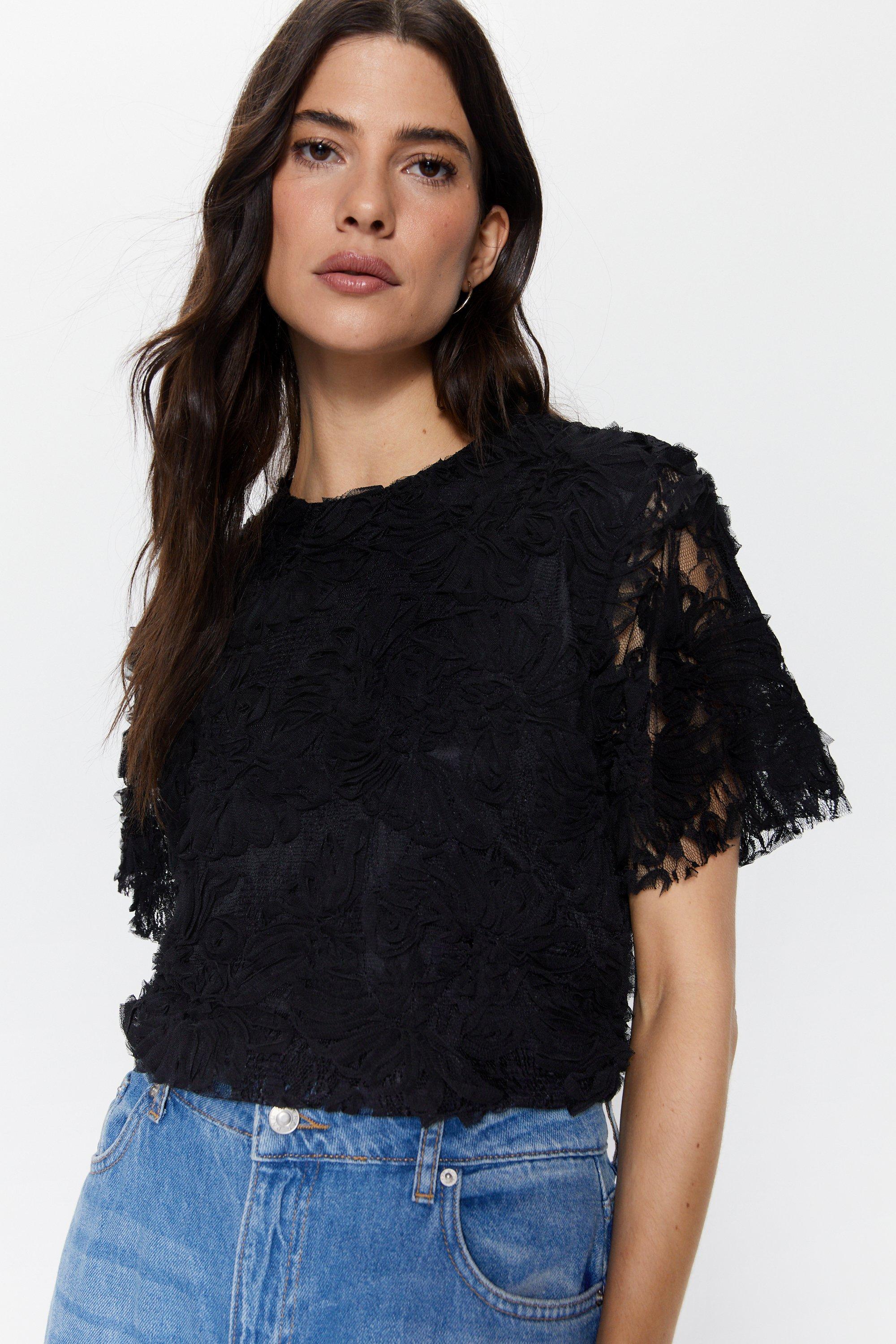 Womens Flower Embroidered Lace T-shirt - black