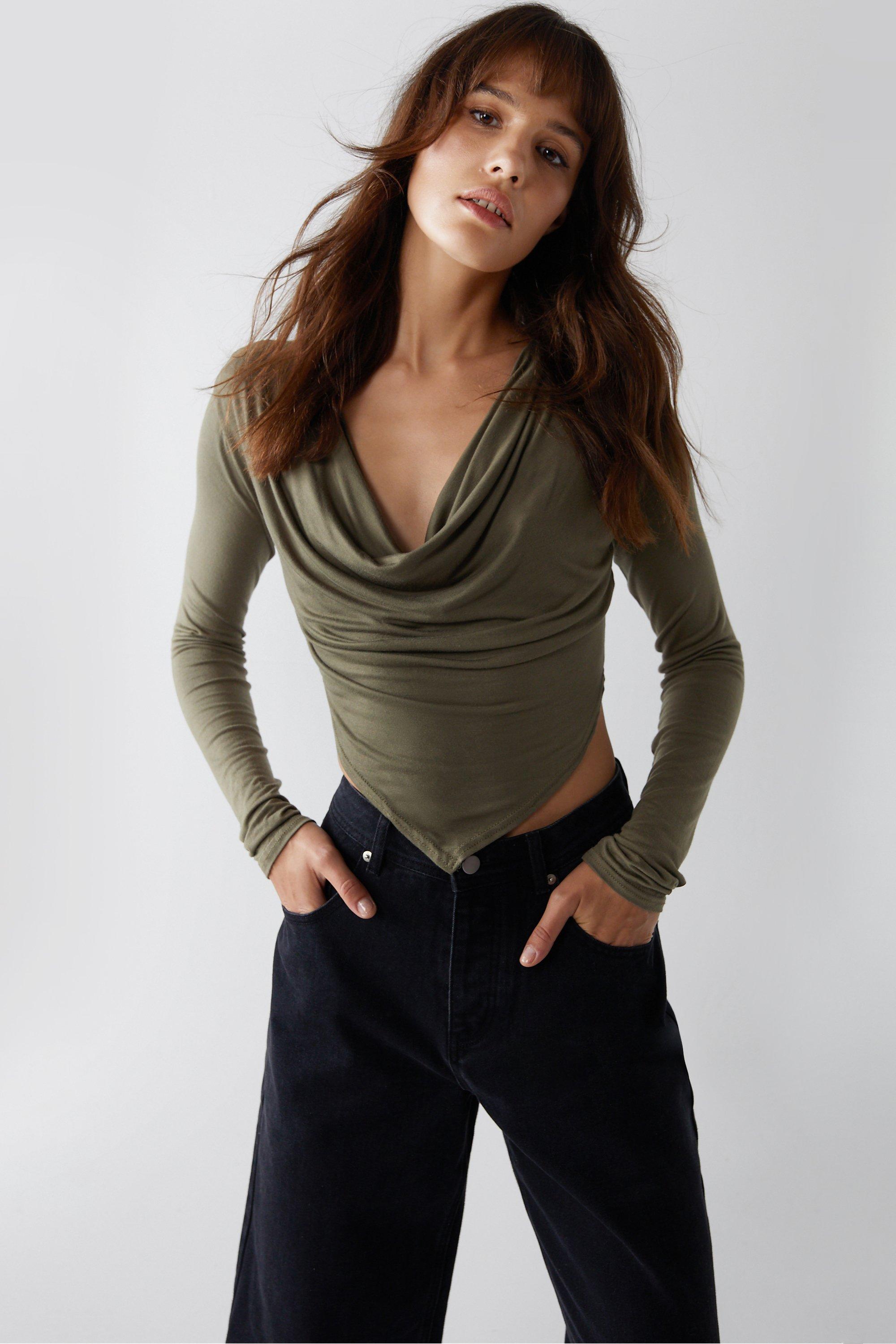 Womens Cowl Neck Long Sleeve Top - olive