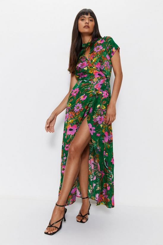 Warehouse Floral Printed Viscose Jacquard Keyhole Midi Dress 1