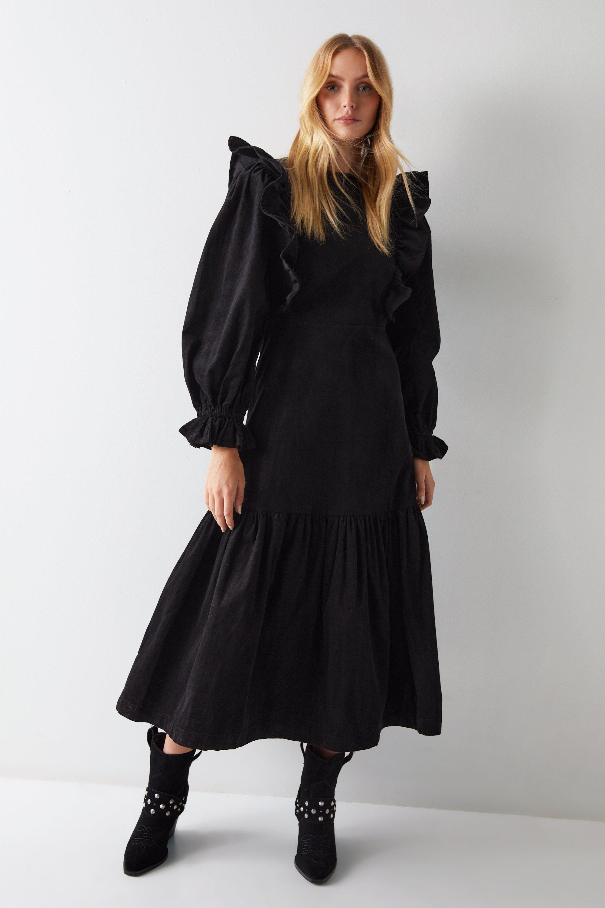 Womens Cord Ruffle Long Sleeve Smock Dress - black