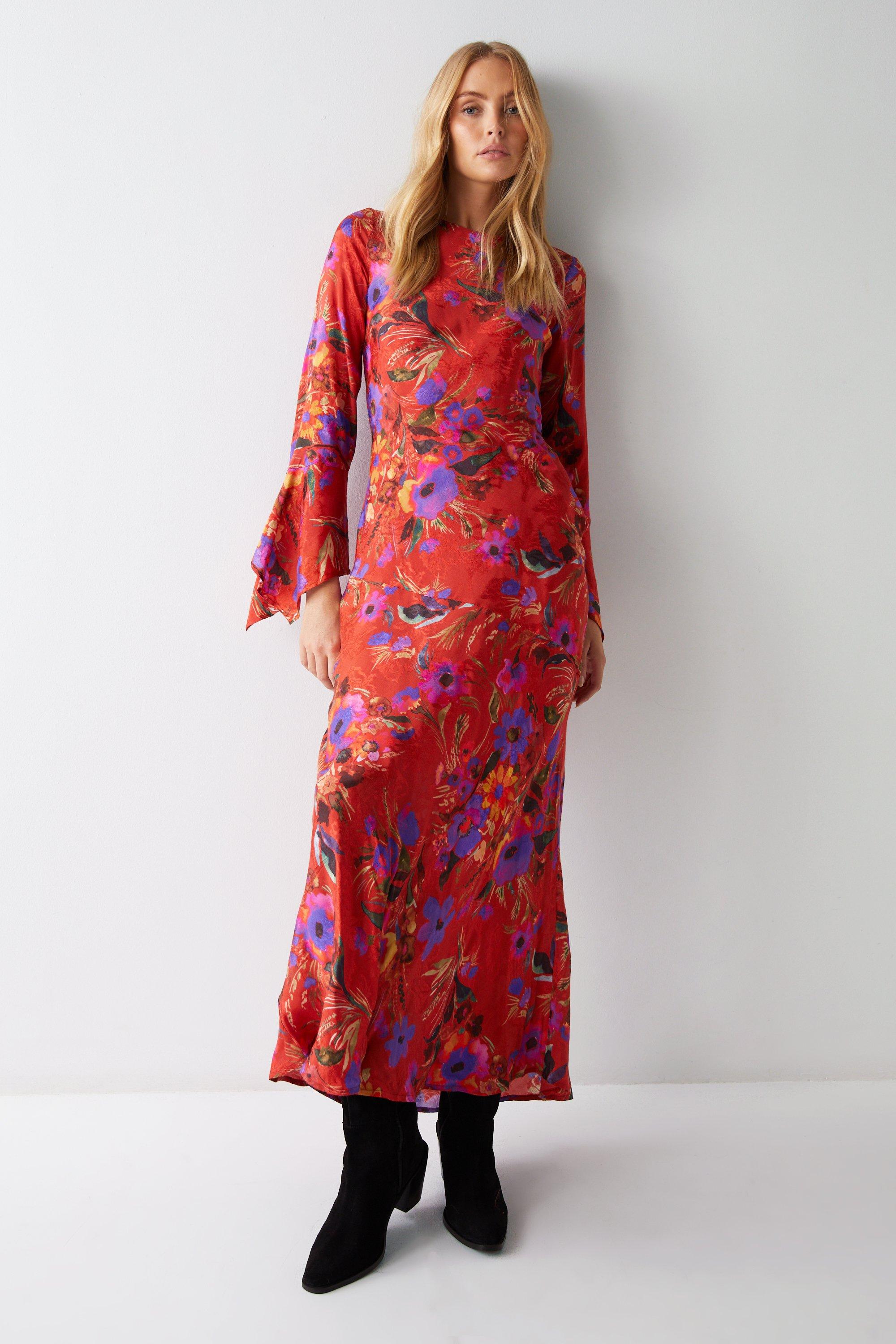Womens Floral Printed Fluted Sleeve Maxi Dress - red
