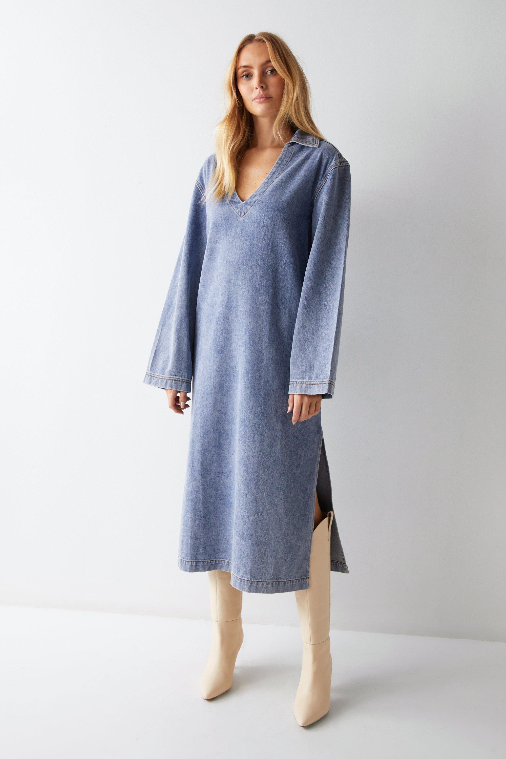 Womens Denim Long Sleeve Midi Smock Dress - blue
