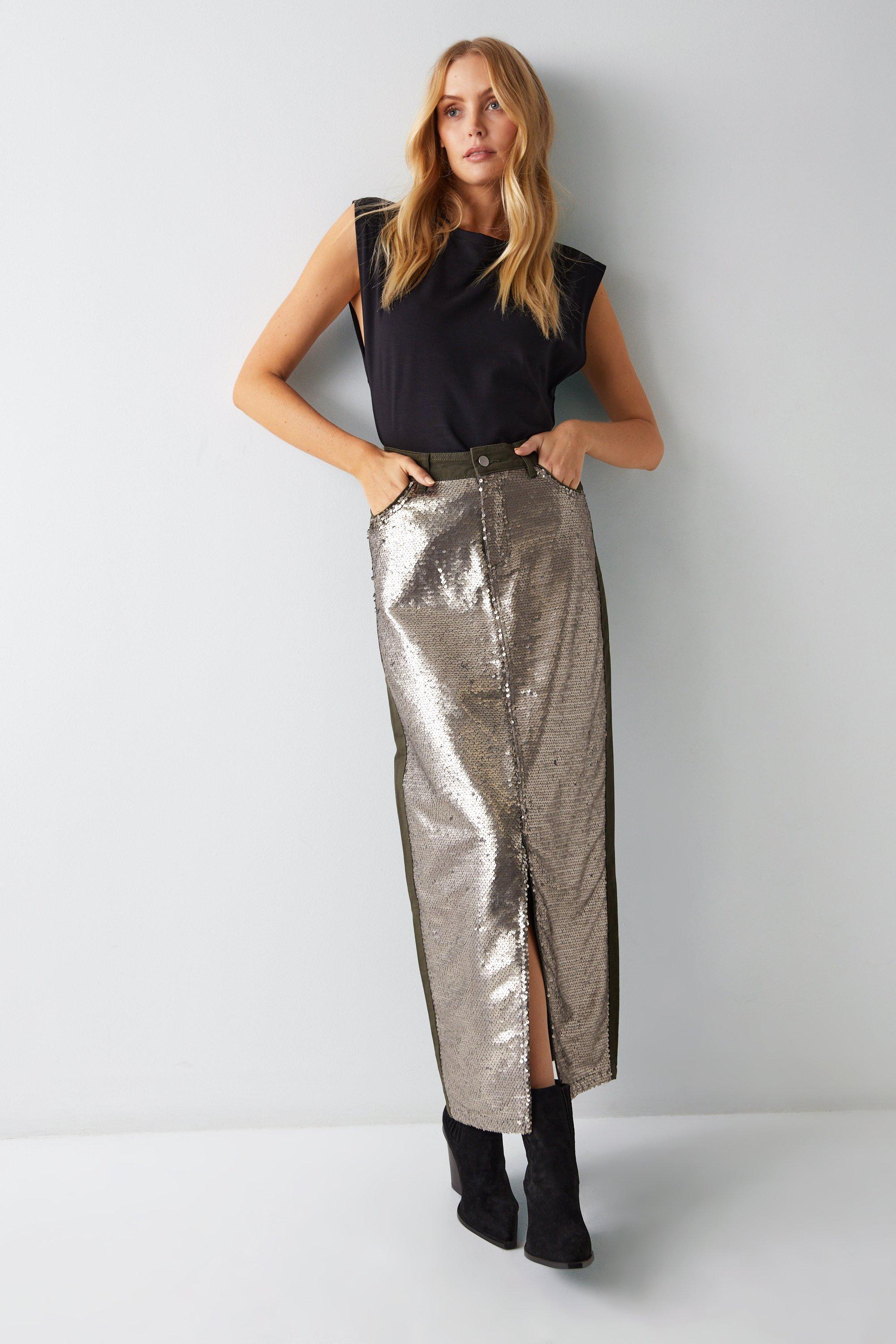 Womens Twill Sequin Maxi Skirt - khaki