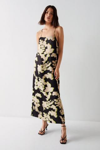 Product Shadow Floral Premium Satin Strappy Dress black