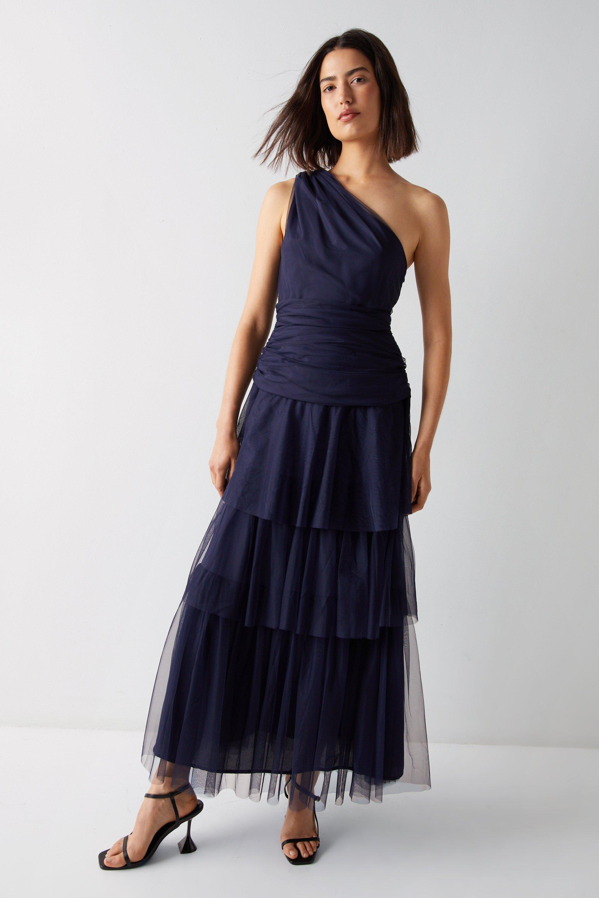 Womens One Shoulder Tulle Maxi Dress - navy