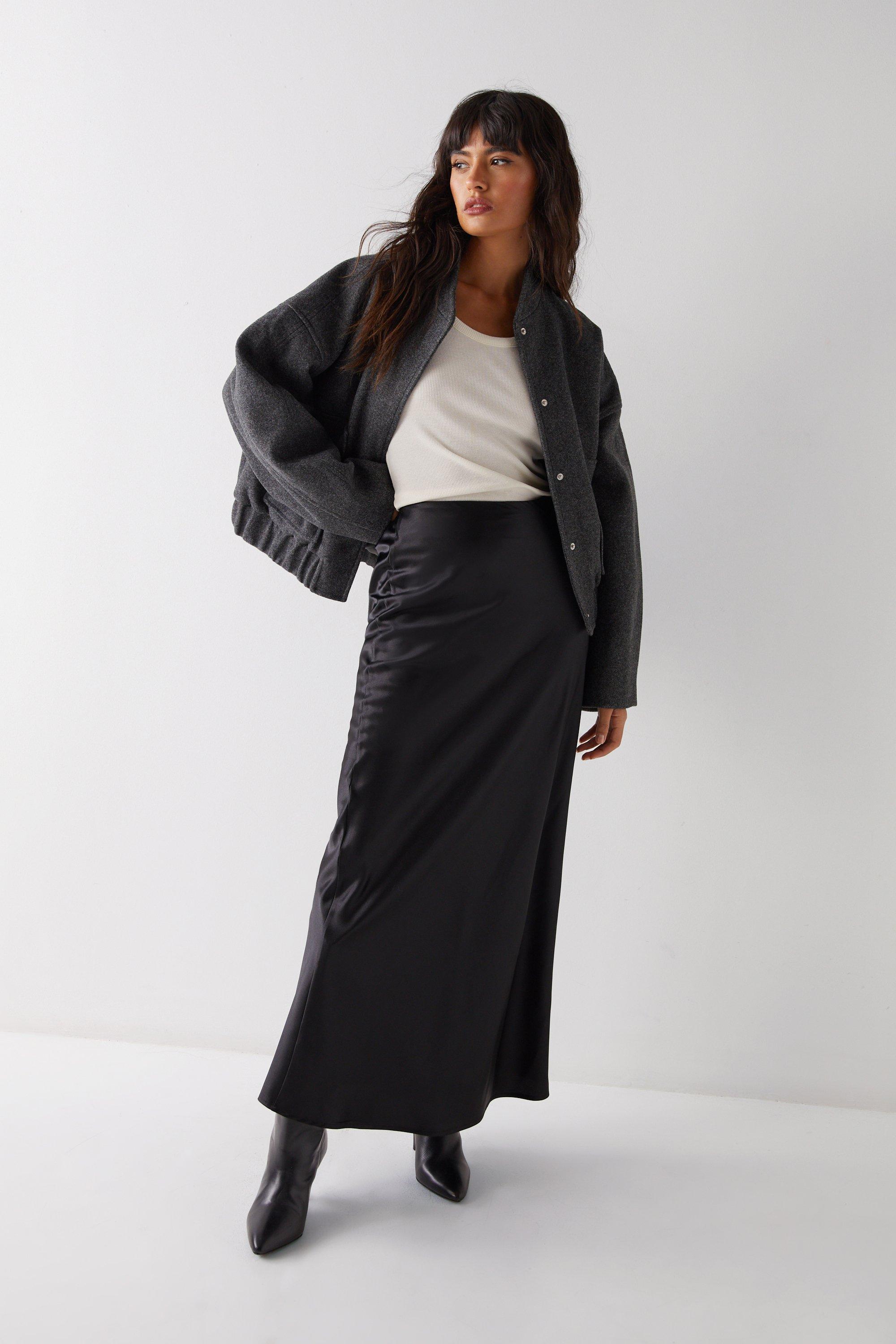 Womens Long Satin Maxi Skirt - black
