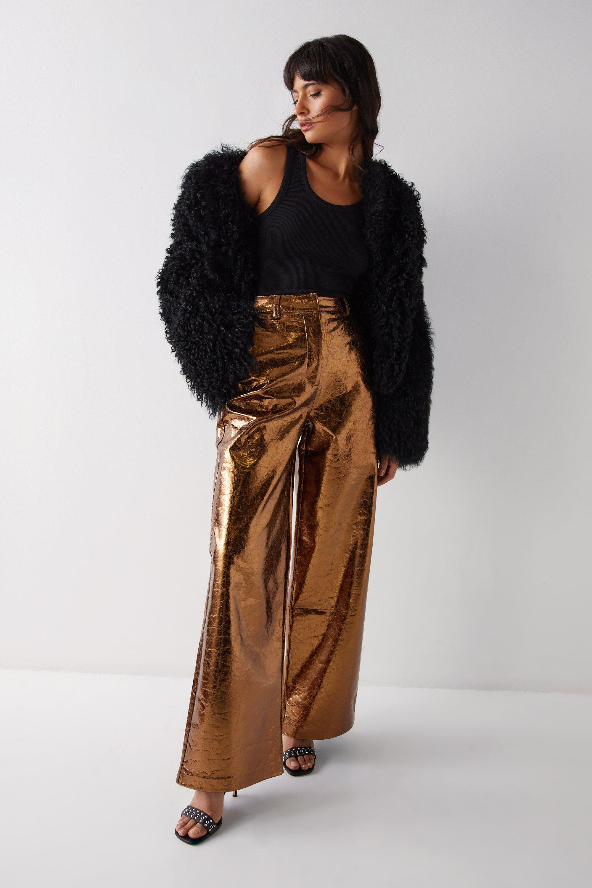 Womens Metallic Crackle Faux Leather Wide Leg Trousers - bronze