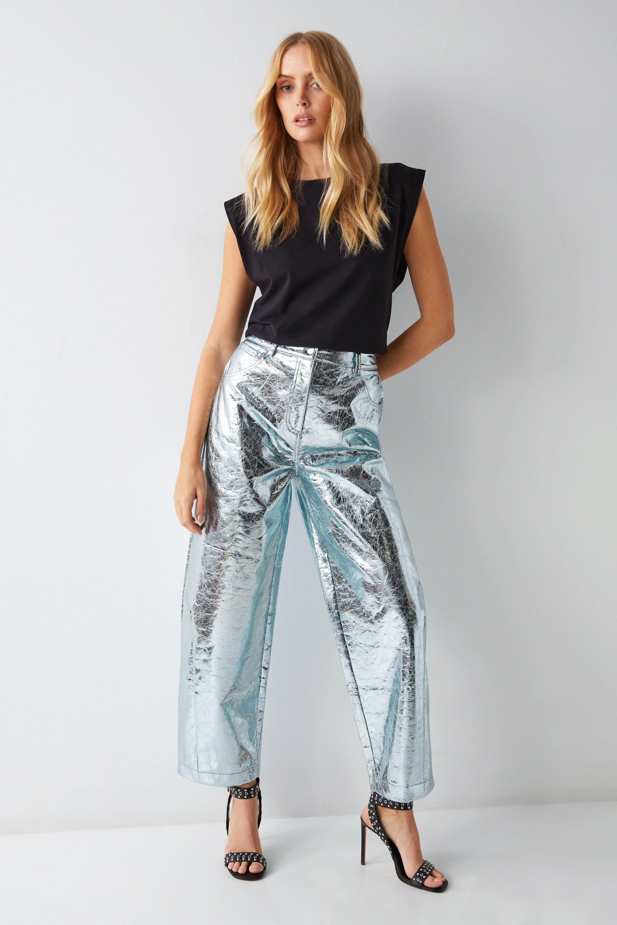 Womens Metallic Crackle Horse Shoe Trousers - baby blue