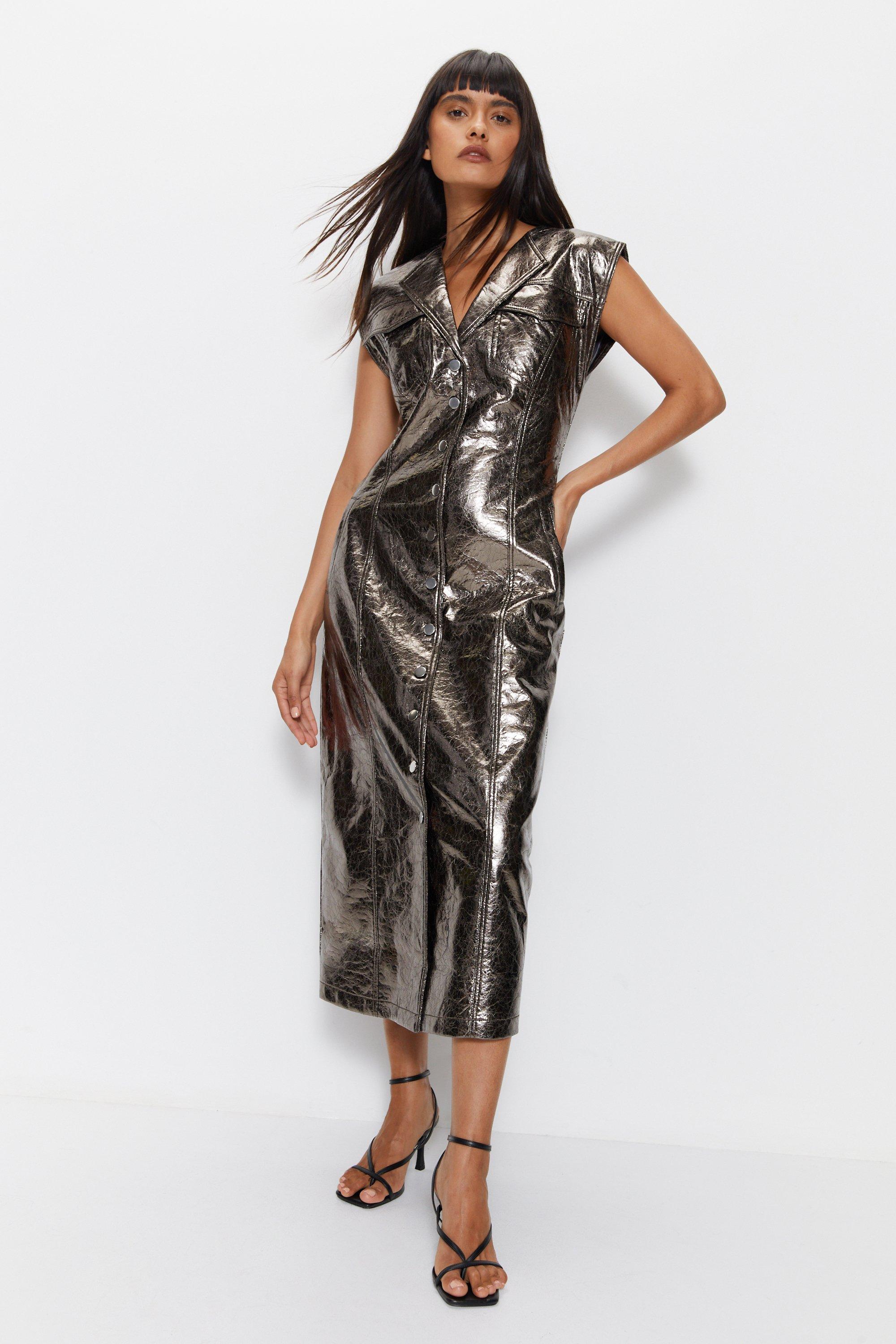 Womens Metallic Crackle Faux Leather Midi Dress - charcoal