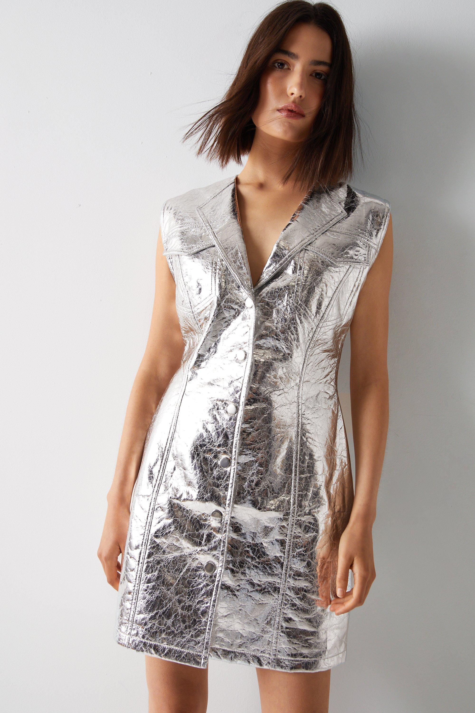 Womens Metallic Crackle Faux Leather Mini Dress - silver