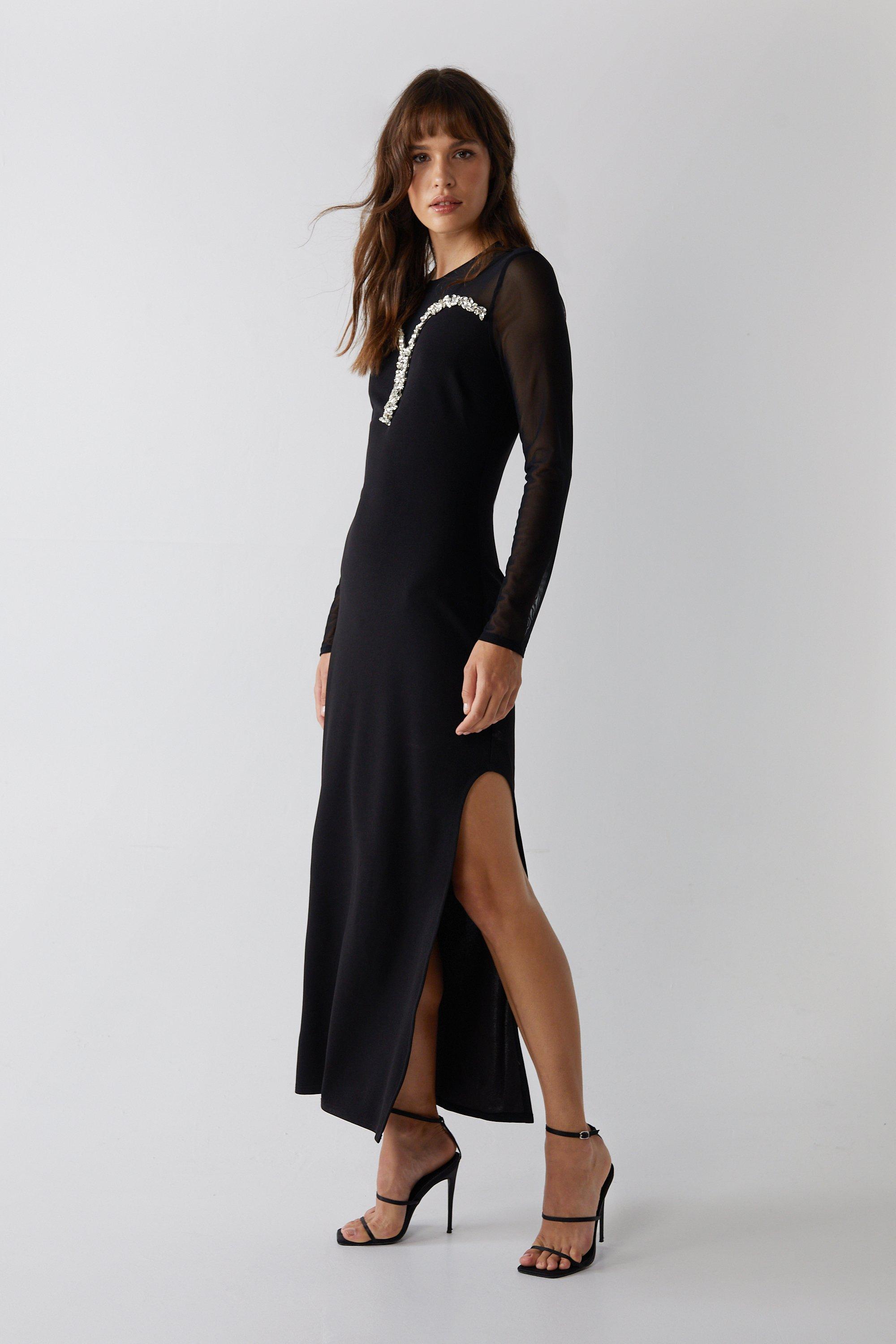 Womens Mesh Diamantee Detail Maxi Dress - black