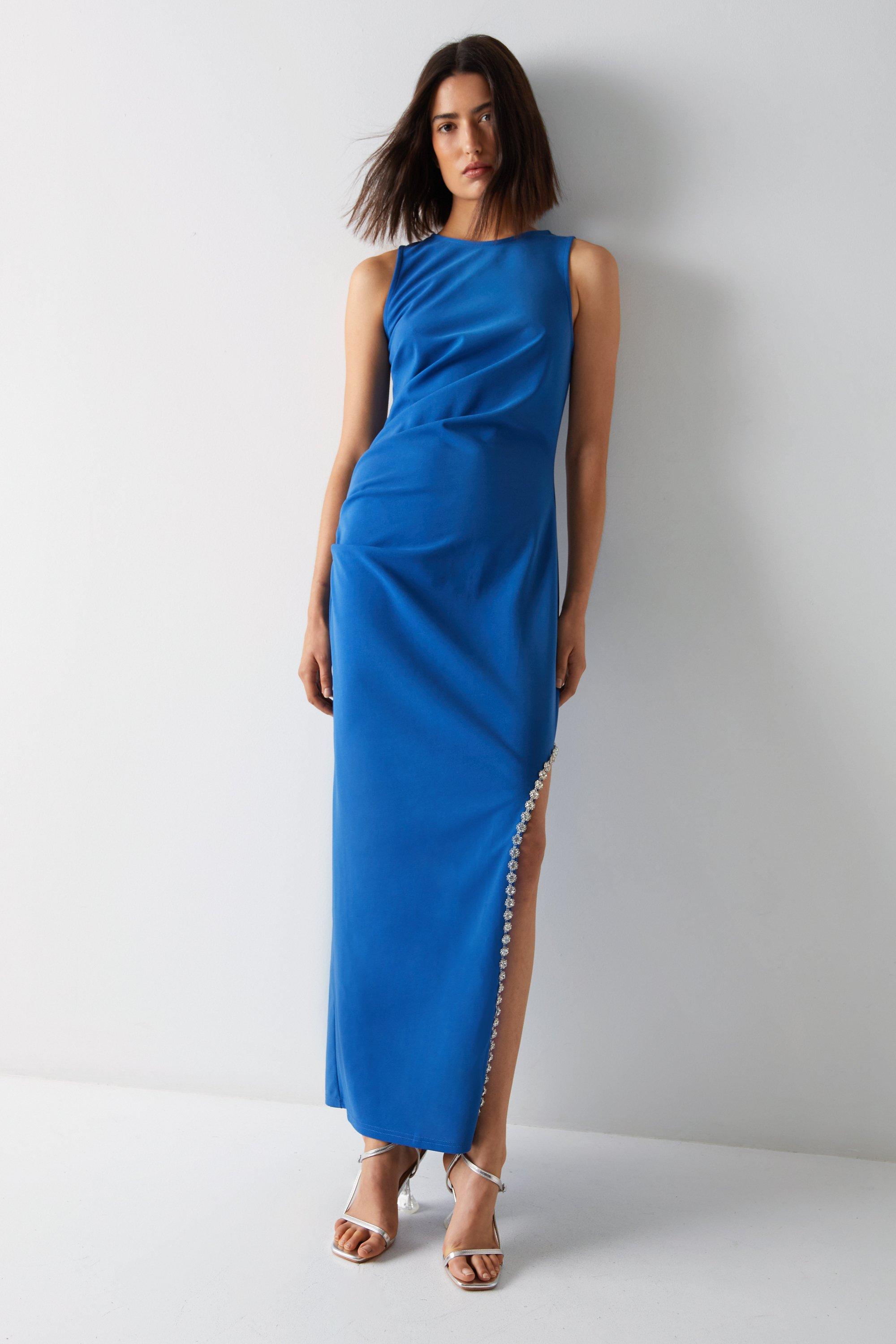 Womens Diamante Trim Maxi Dress - blue