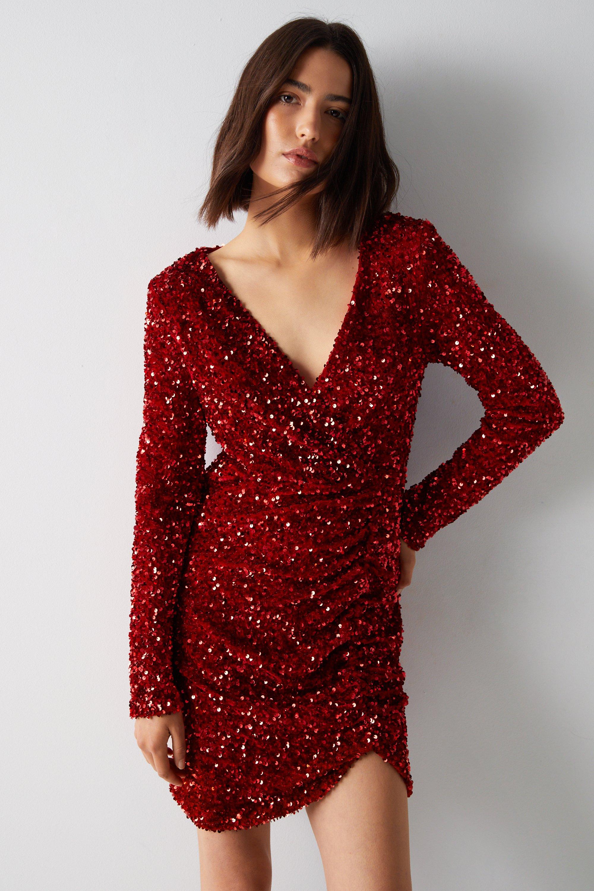 Womens Velvet Sequin Wrap Mini Dress - red