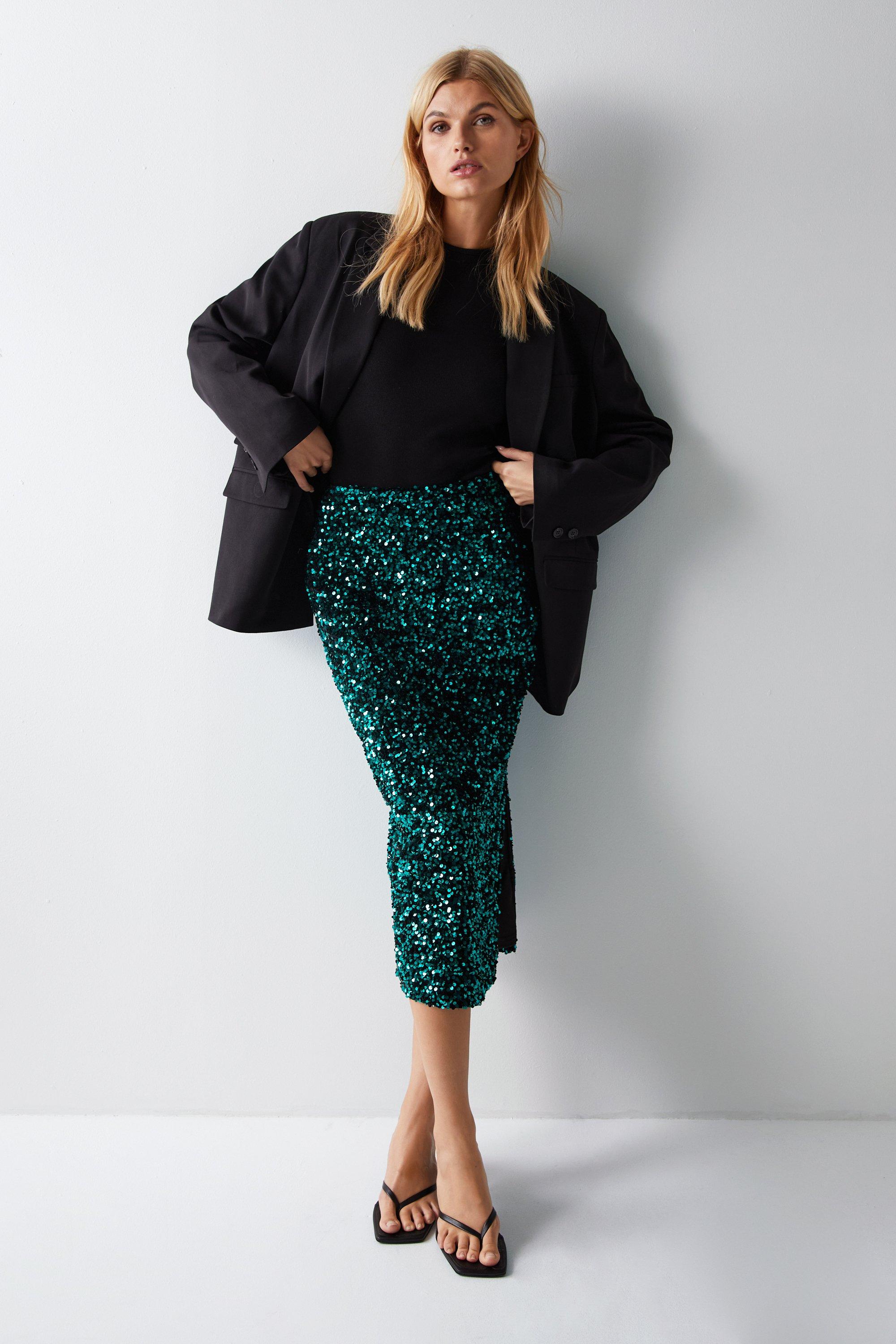 Green sequin 2025 midi skirt warehouse