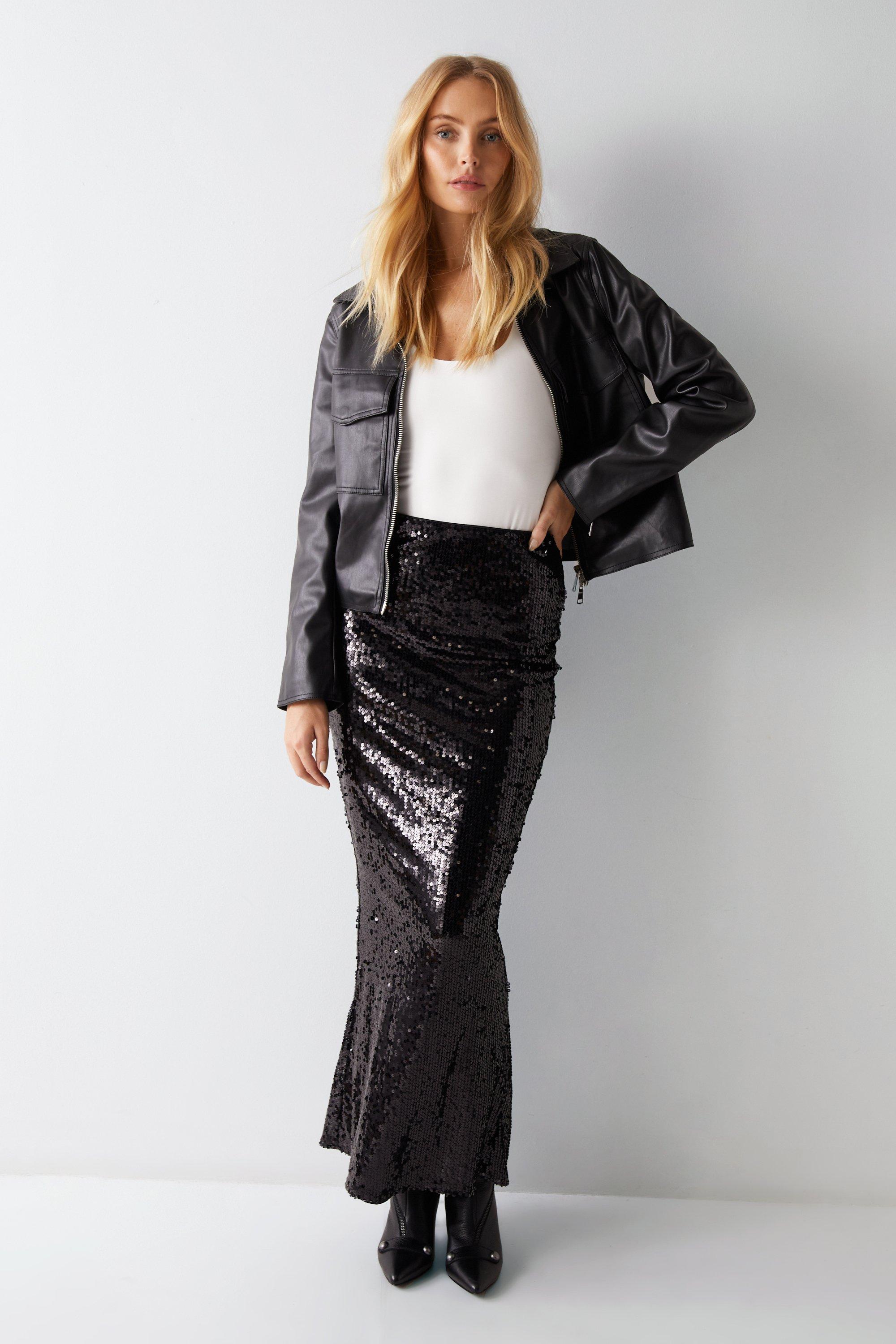 Womens Liquid Sequin Fishtail Maxi Skirt - black