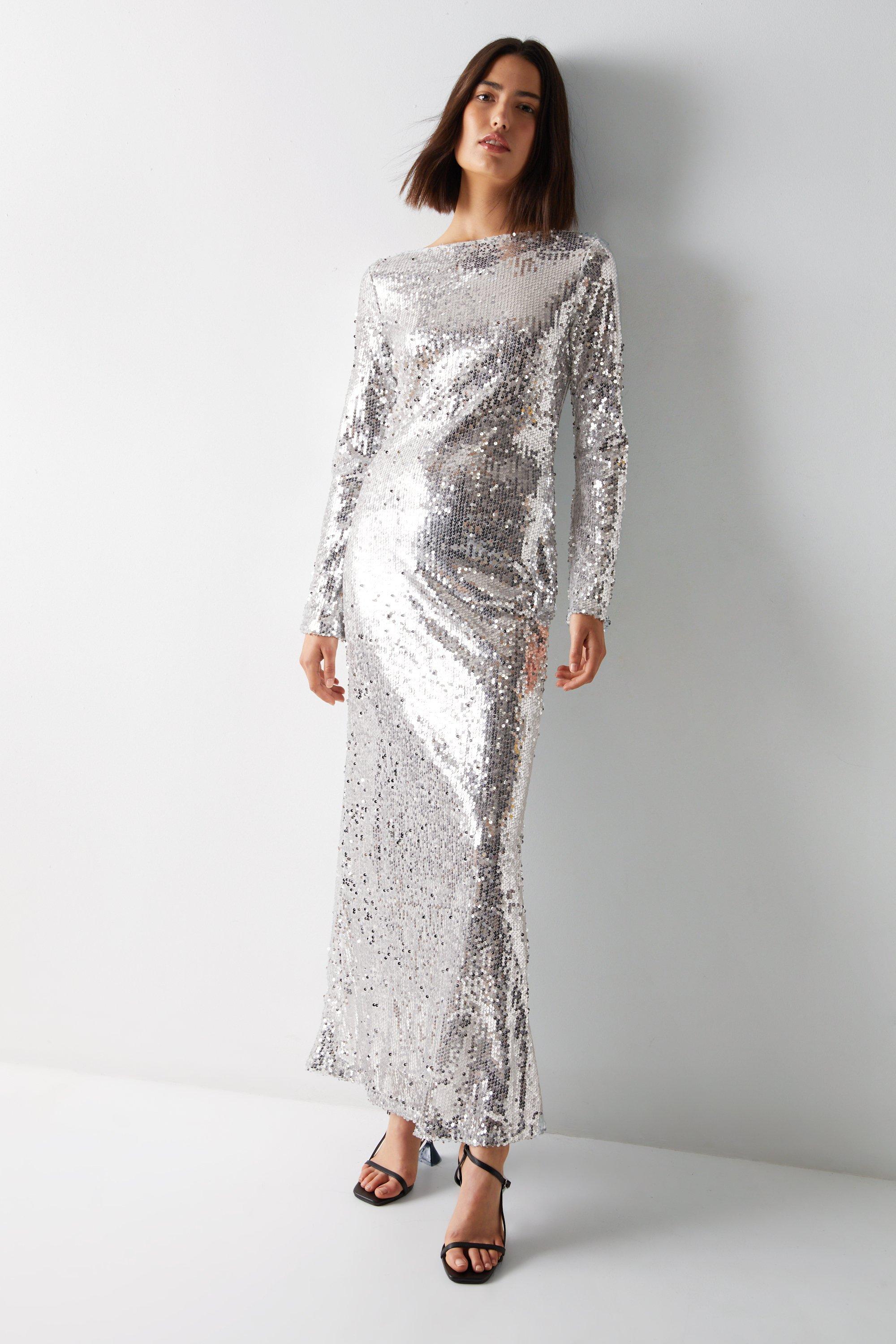 Womens Slash Neck Sequin Maxi Dress - silver