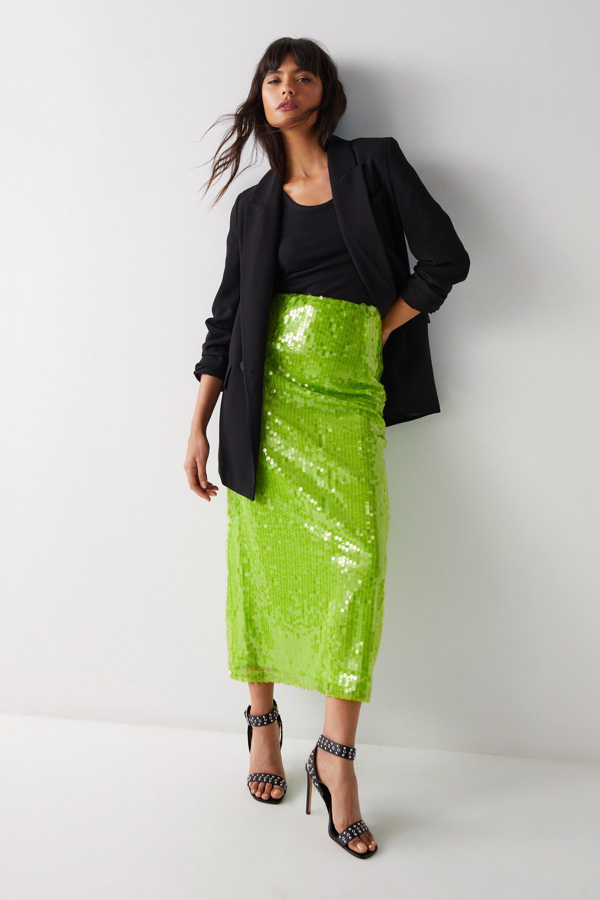 Warehouse sequin 2025 midi skirt green