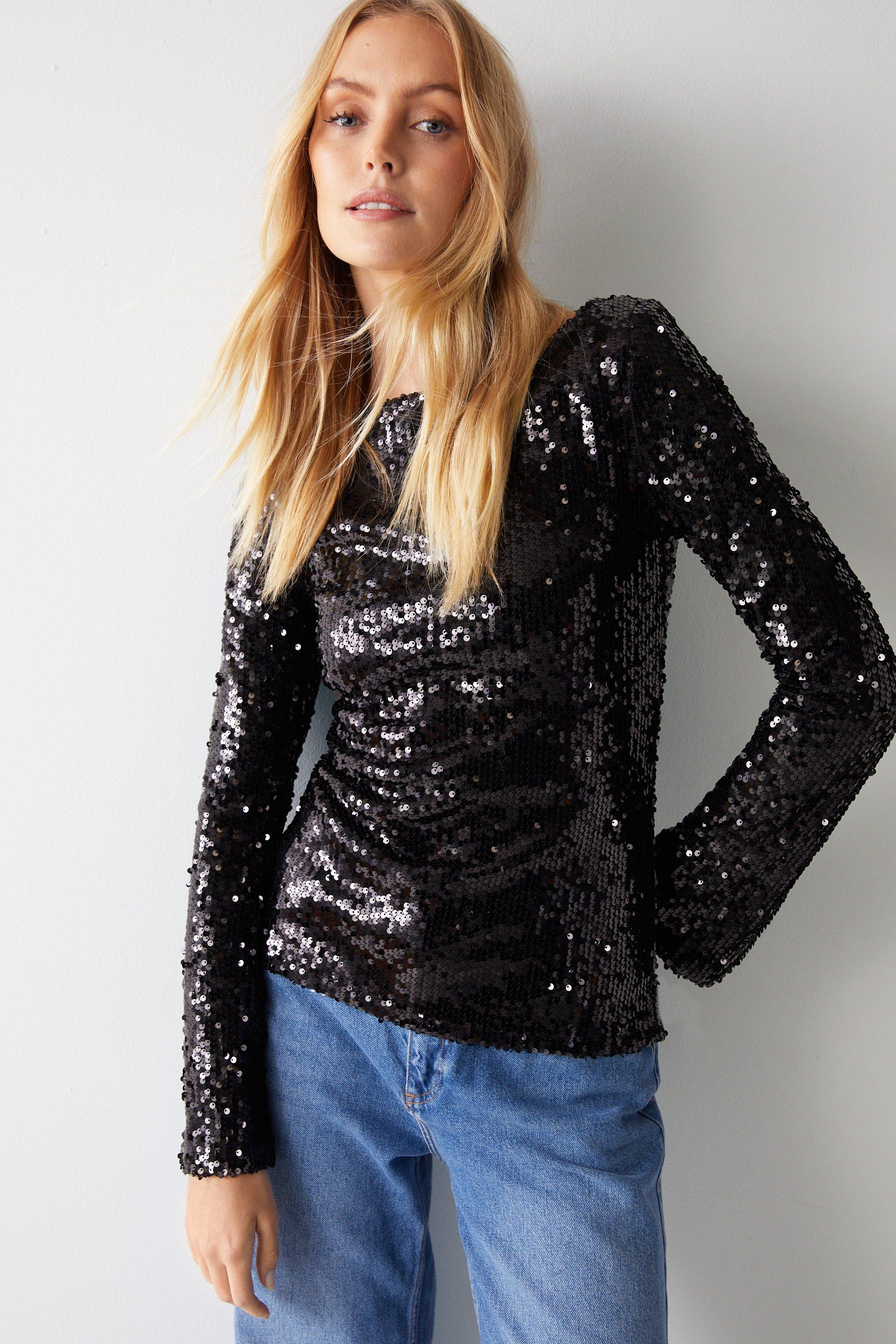 Warehouse sheer sleeve sequin hot sale top