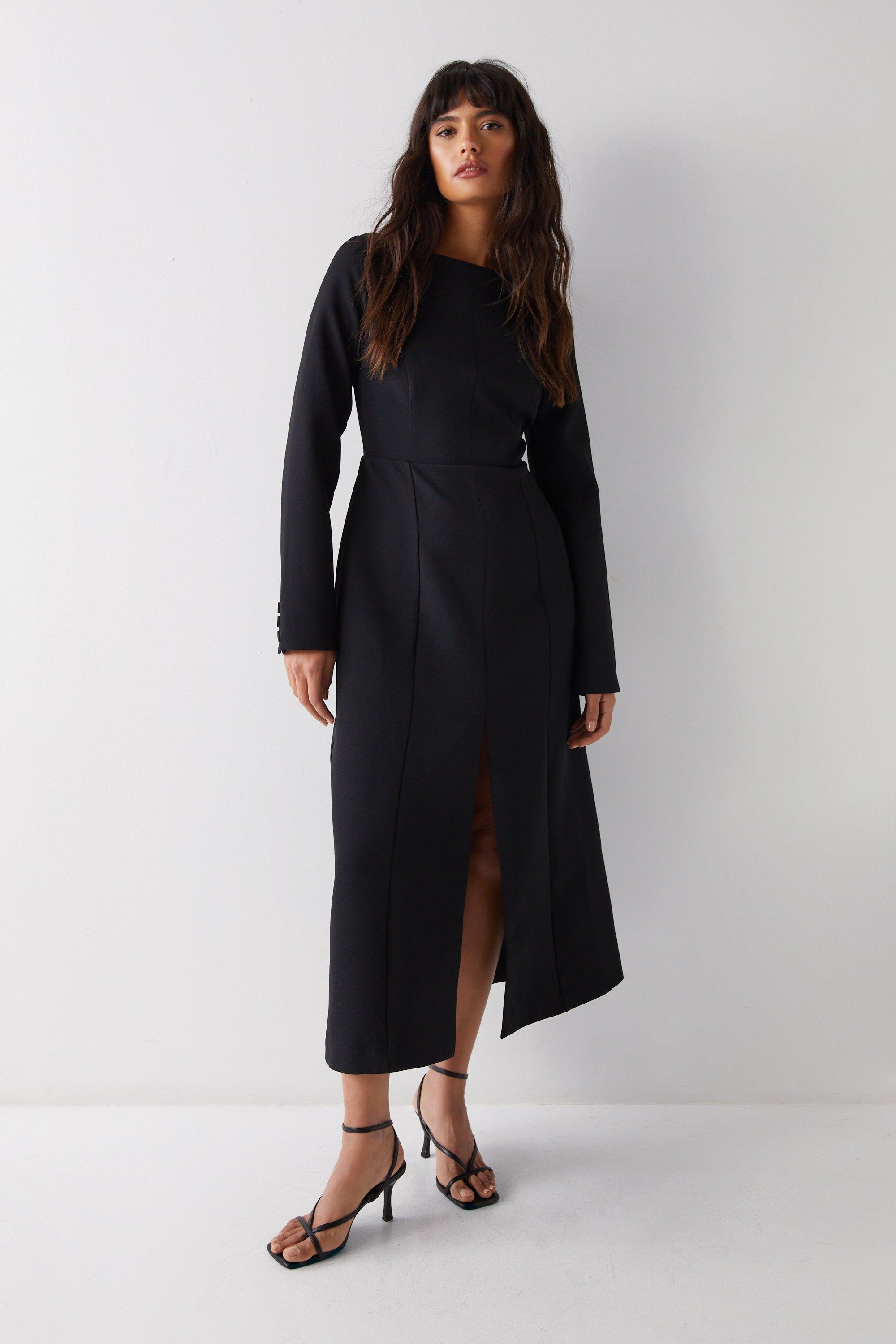 Womens Premium Long Sleeve Tailored Midaxi Dress - black