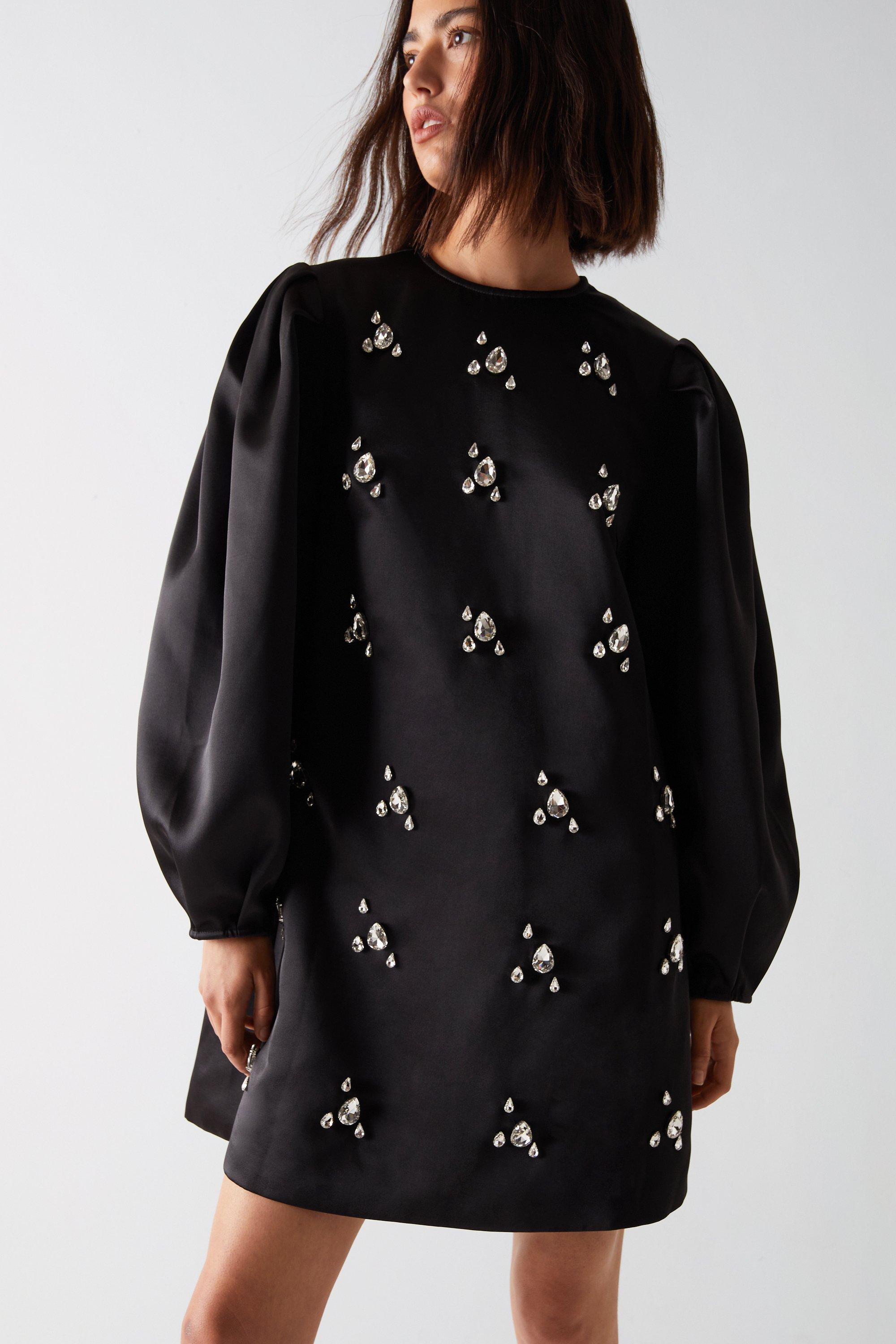 Womens Gemstone Embellished Satin Puff Sleeve Mini Dress - black