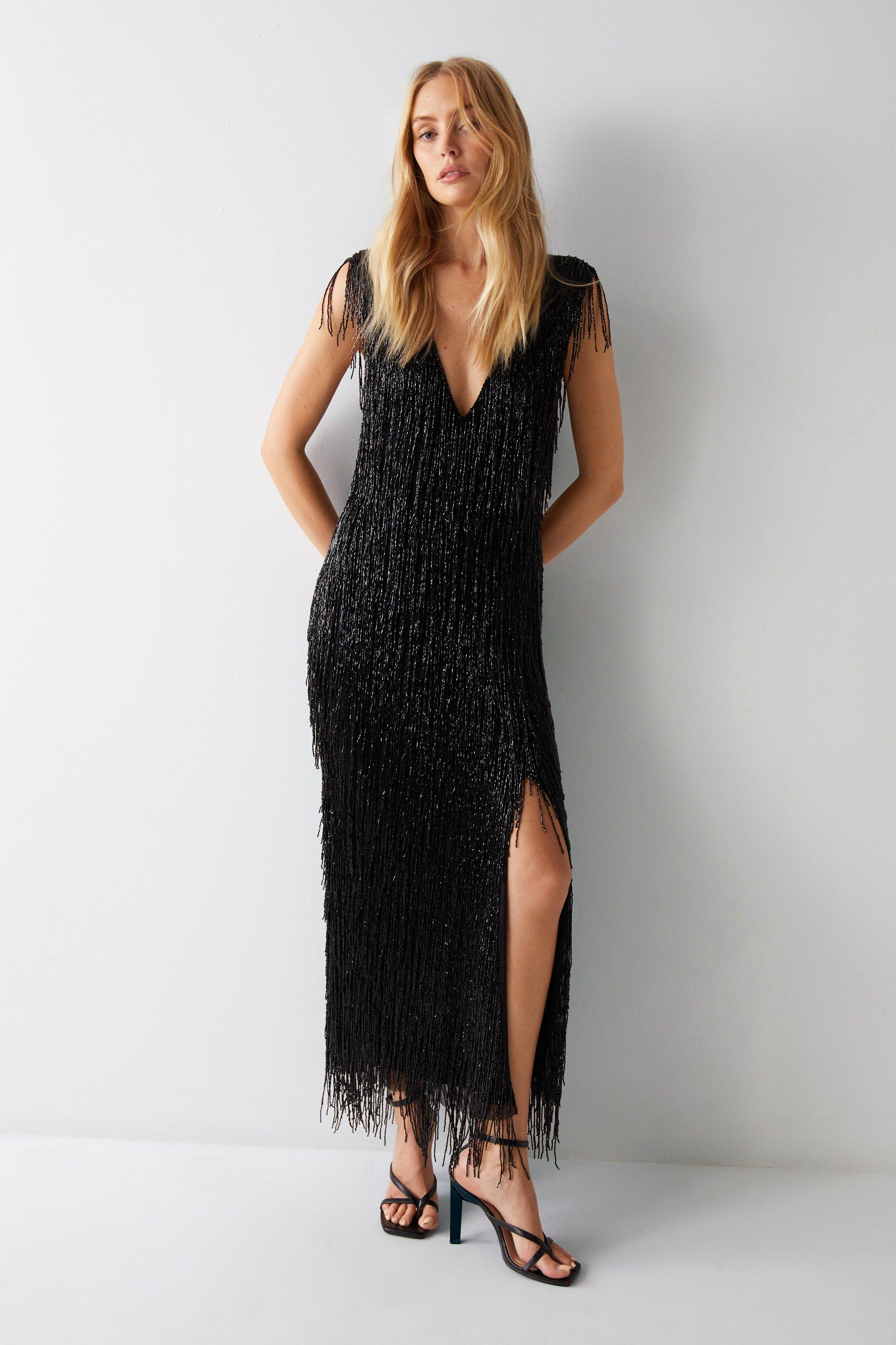 Dresses | All Over Tassel Beaded Plunge Split Maxi Dress | Warehouse